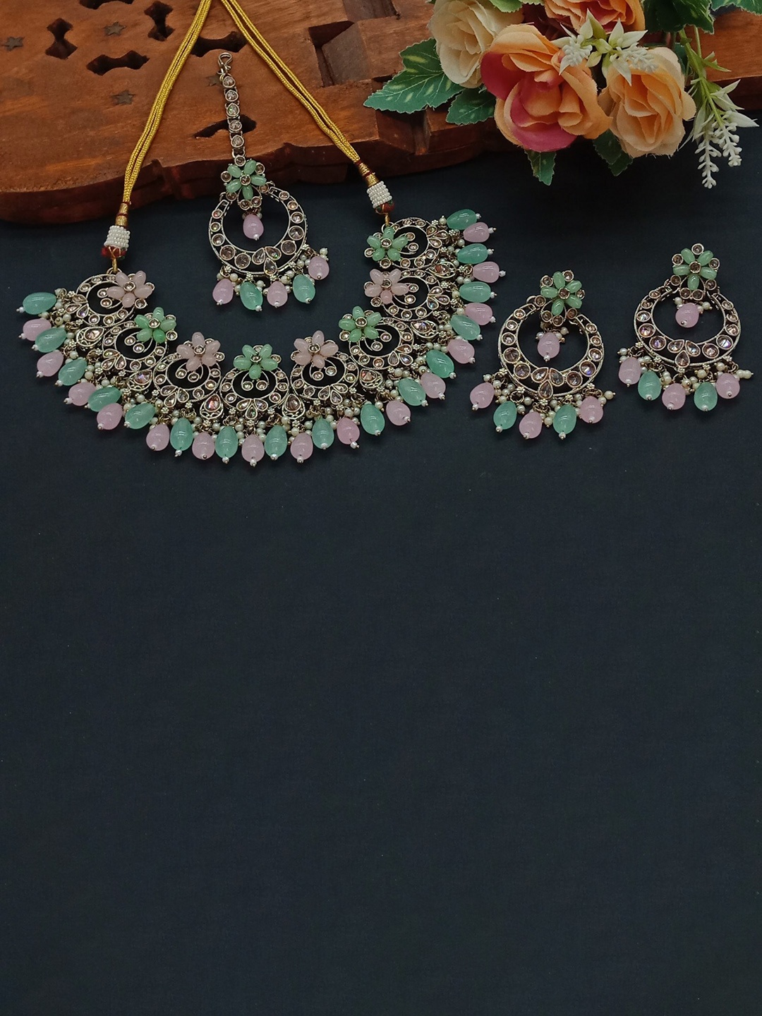 

AASHISH IMITATION Alloy AD-Studded & Beaded Necklace & Earrings Maang Tika, Gold