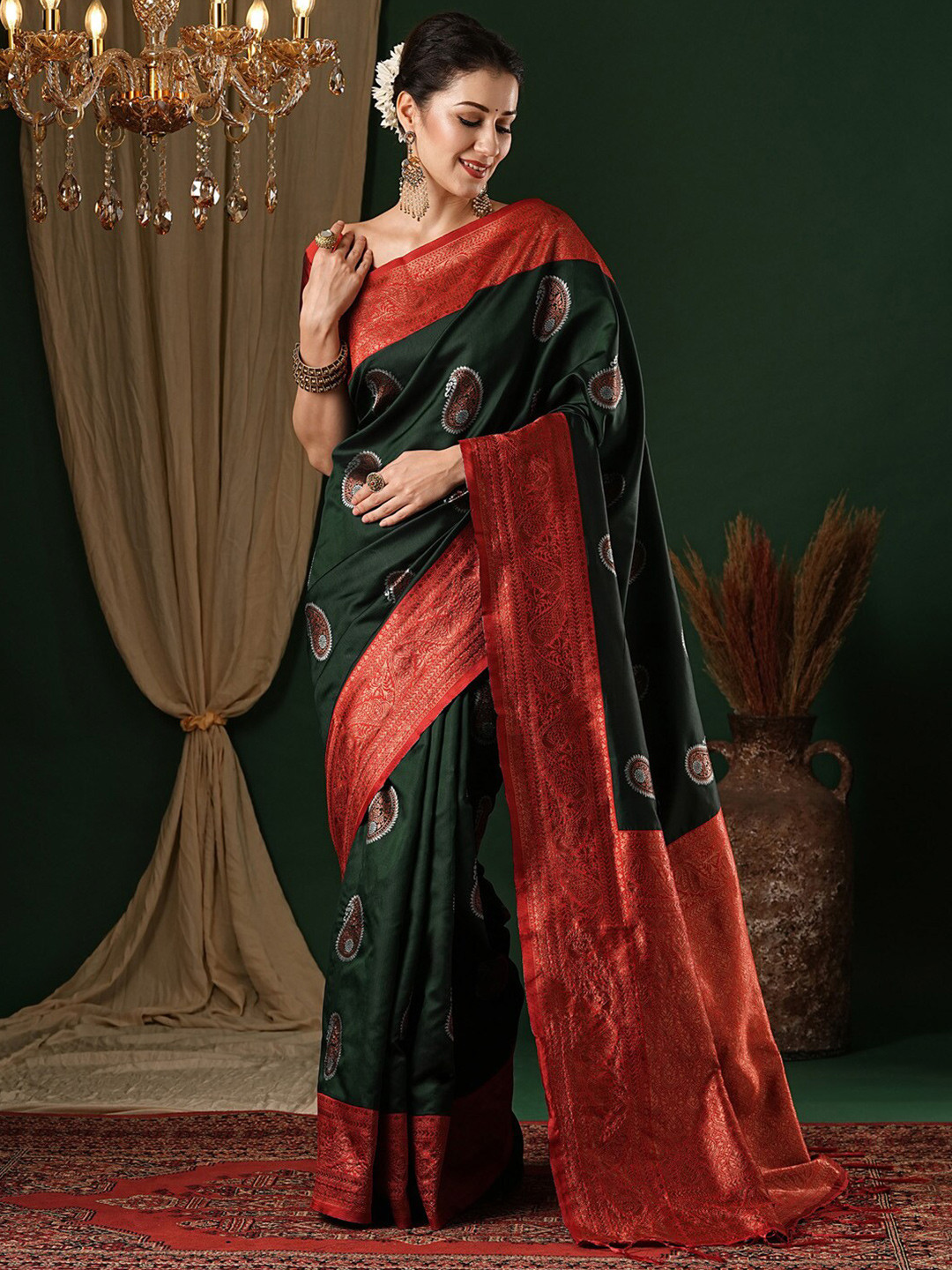 

Anouk Woven Design Zari Silk Blend Banarasi Saree, Green