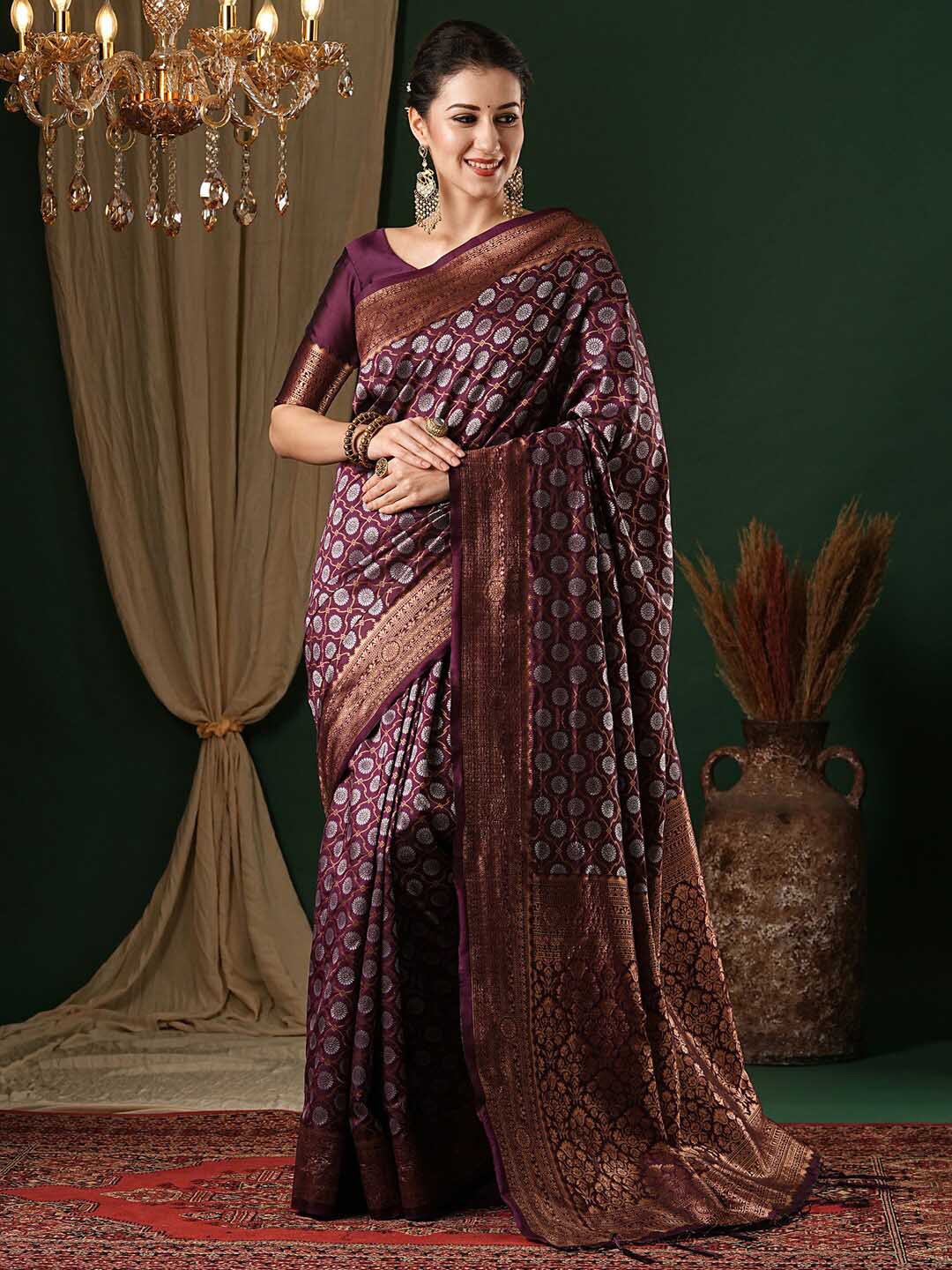 

Anouk Ethnic Motifs Zari Silk Blend Banarasi Saree, Purple