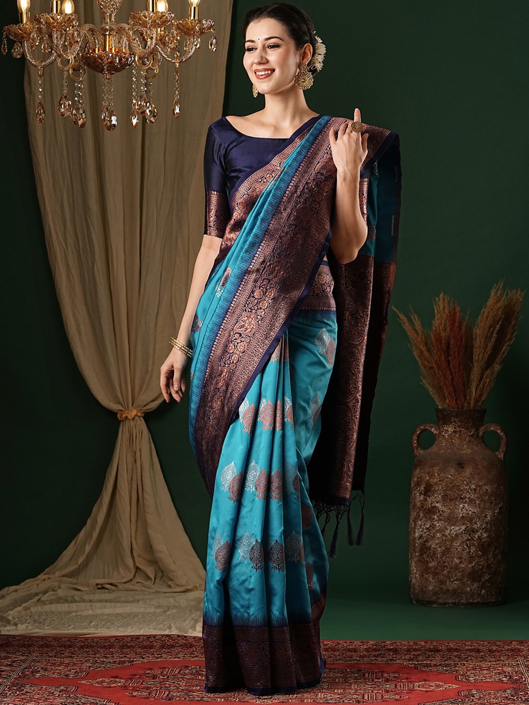 

Anouk Ethnic Motifs Zari Silk Blend Banarasi Saree, Blue