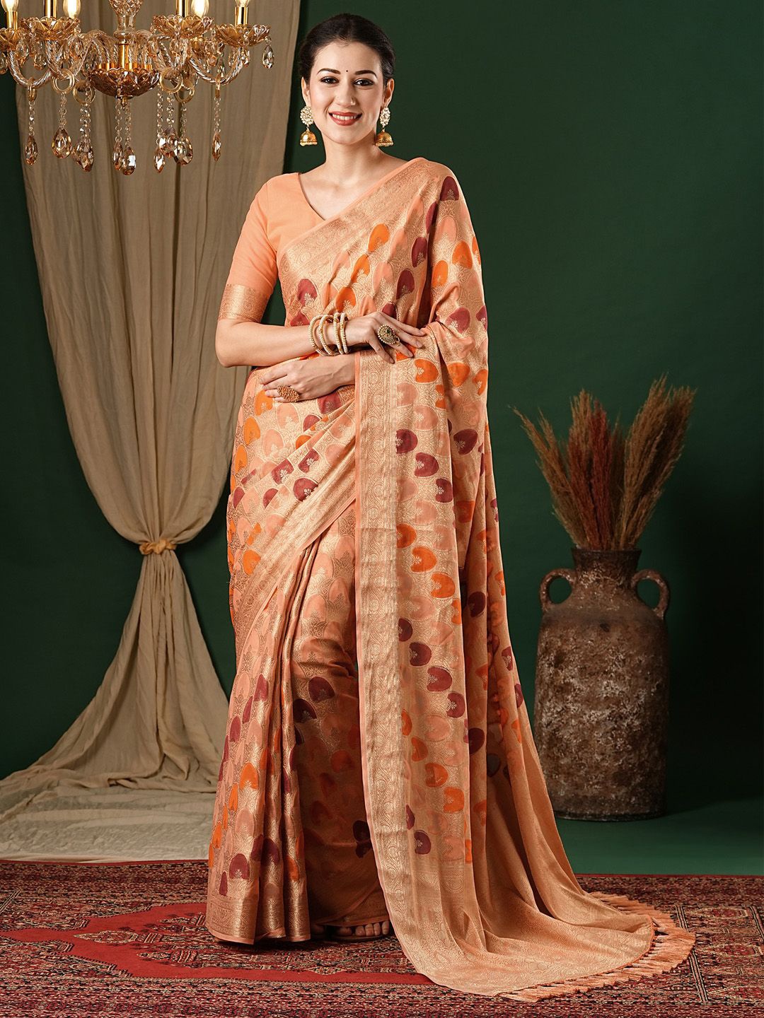 

Anouk Ethnic Motifs Zari Pure Georgette Kanjeevaram Saree, Orange