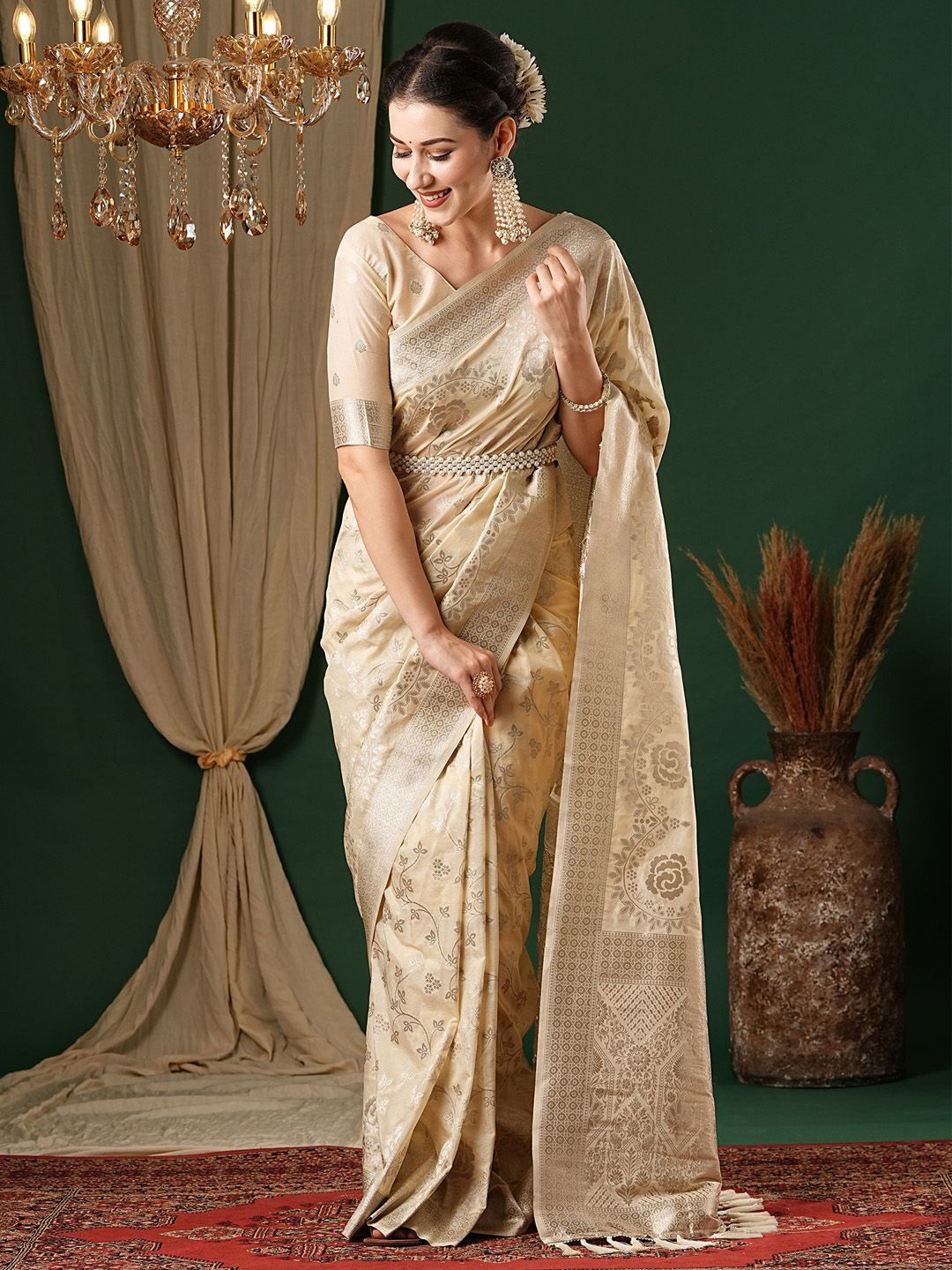 

Anouk Ethnic Motifs Zari Pure Georgette Kanjeevaram Saree, Cream