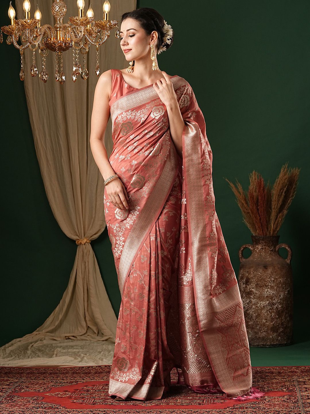 

Anouk Ethnic Motifs Zari Pure Georgette Kanjeevaram Saree, Peach