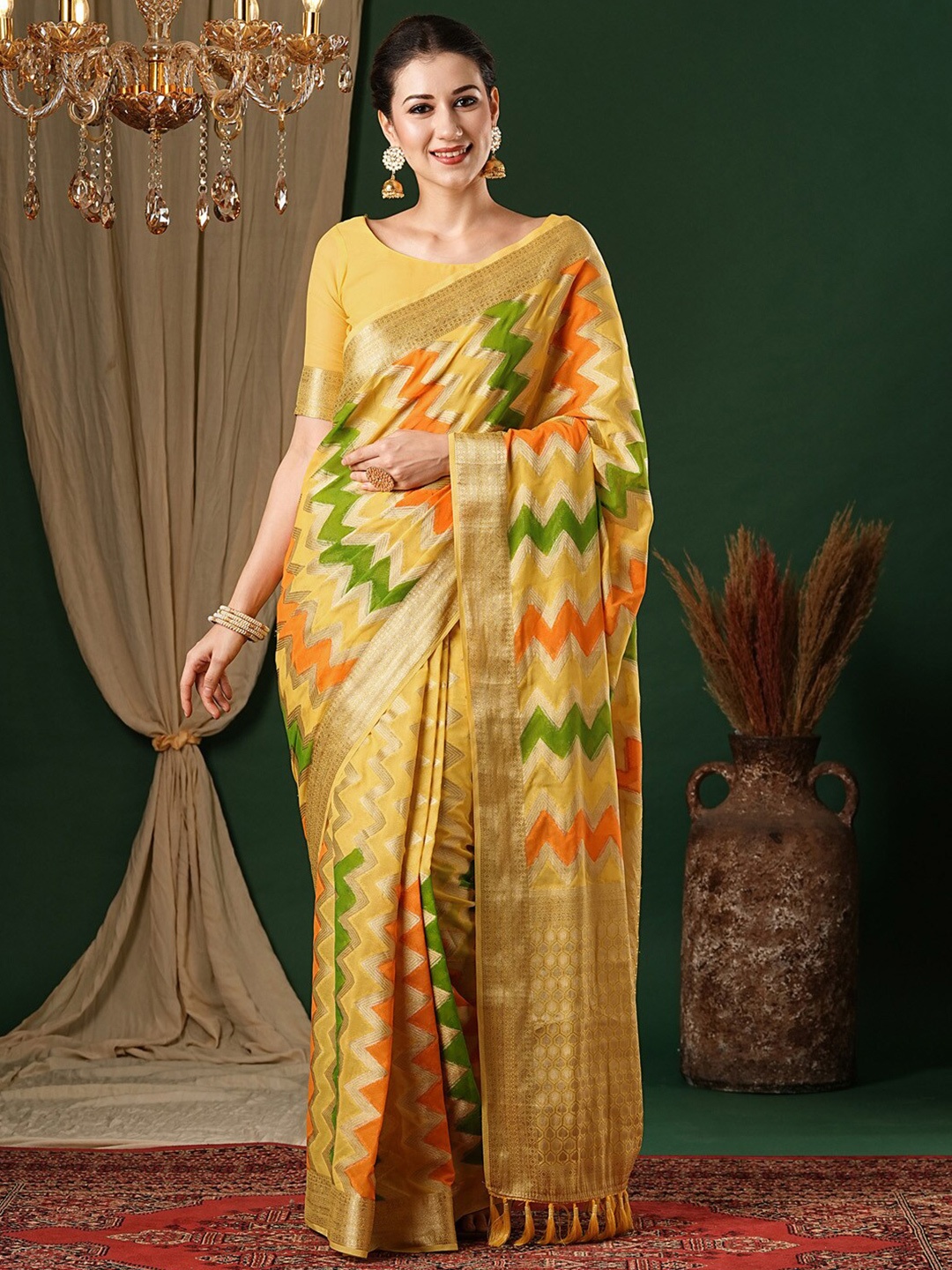 

Anouk Woven Design Zari Pure Georgette Kanjeevaram Saree, Yellow