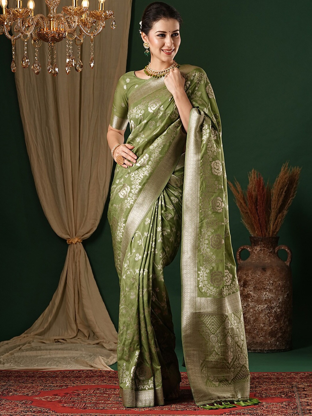 

Anouk Ethnic Motifs Zari Pure Georgette Kanjeevaram Saree, Olive