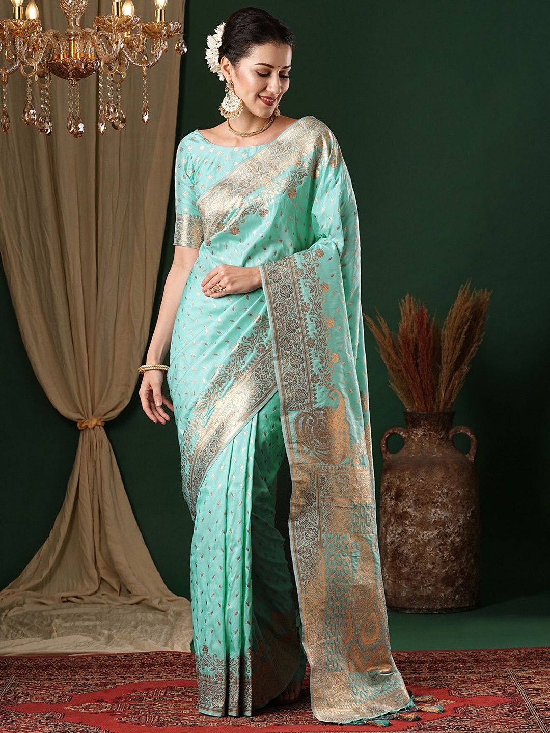

Anouk Ethnic Motifs Zari Satin Banarasi Saree, Turquoise blue