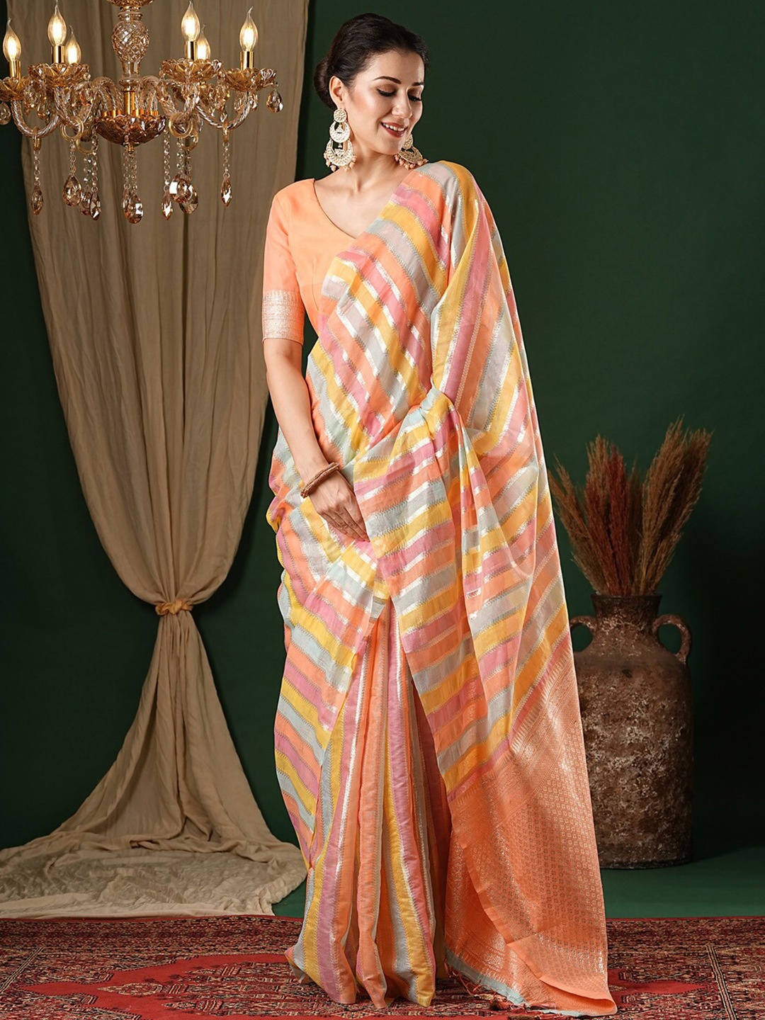 

Anouk Rustic Striped Zari Silk Cotton Banarasi Saree, Peach