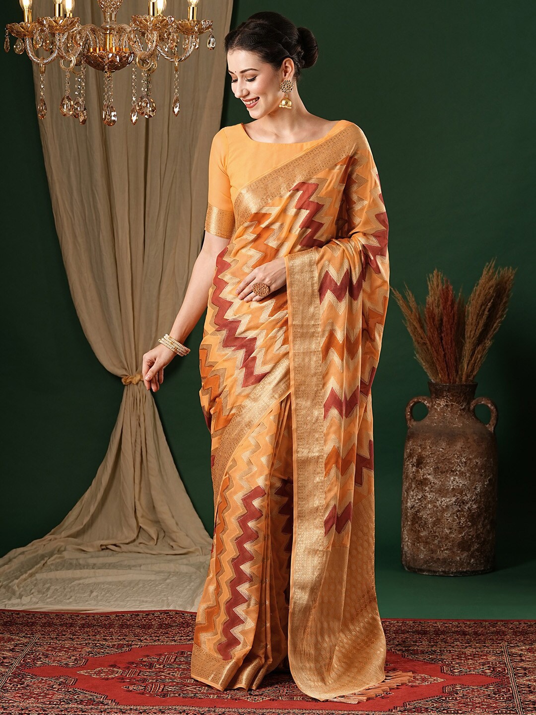 

Anouk Ethnic Motifs Zari Pure Georgette Kanjeevaram Saree, Peach