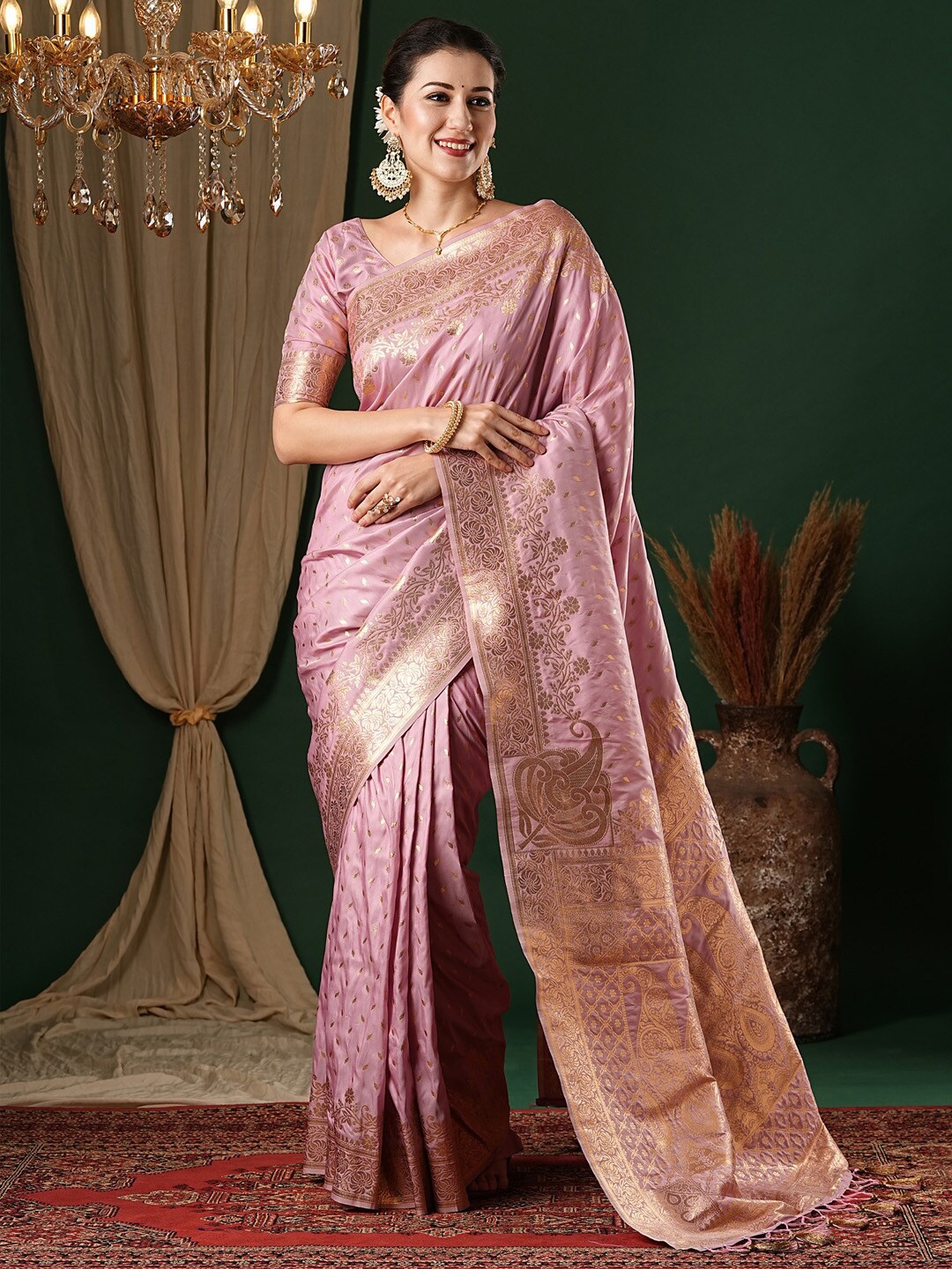 

Anouk Ethnic Motifs Zari Satin Banarasi Saree, Pink