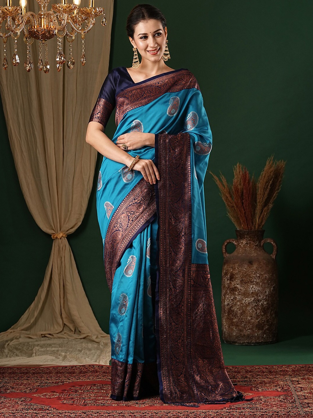 

Anouk Ethnic Motifs Zari Silk Blend Banarasi Saree, Blue