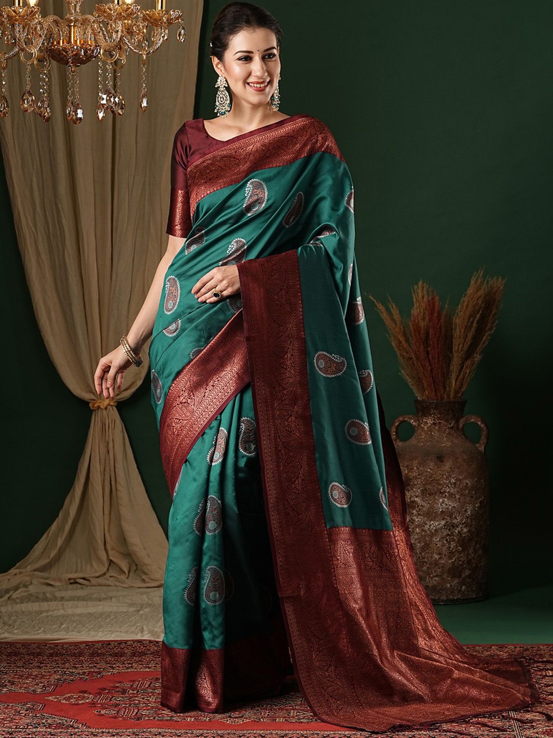 

Anouk Ethnic Motifs Zari Silk Blend Banarasi Saree, Teal