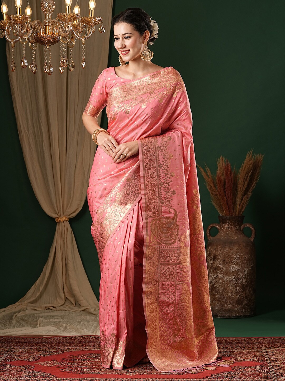 

Anouk Ethnic Motifs Zari Satin Banarasi Saree, Pink