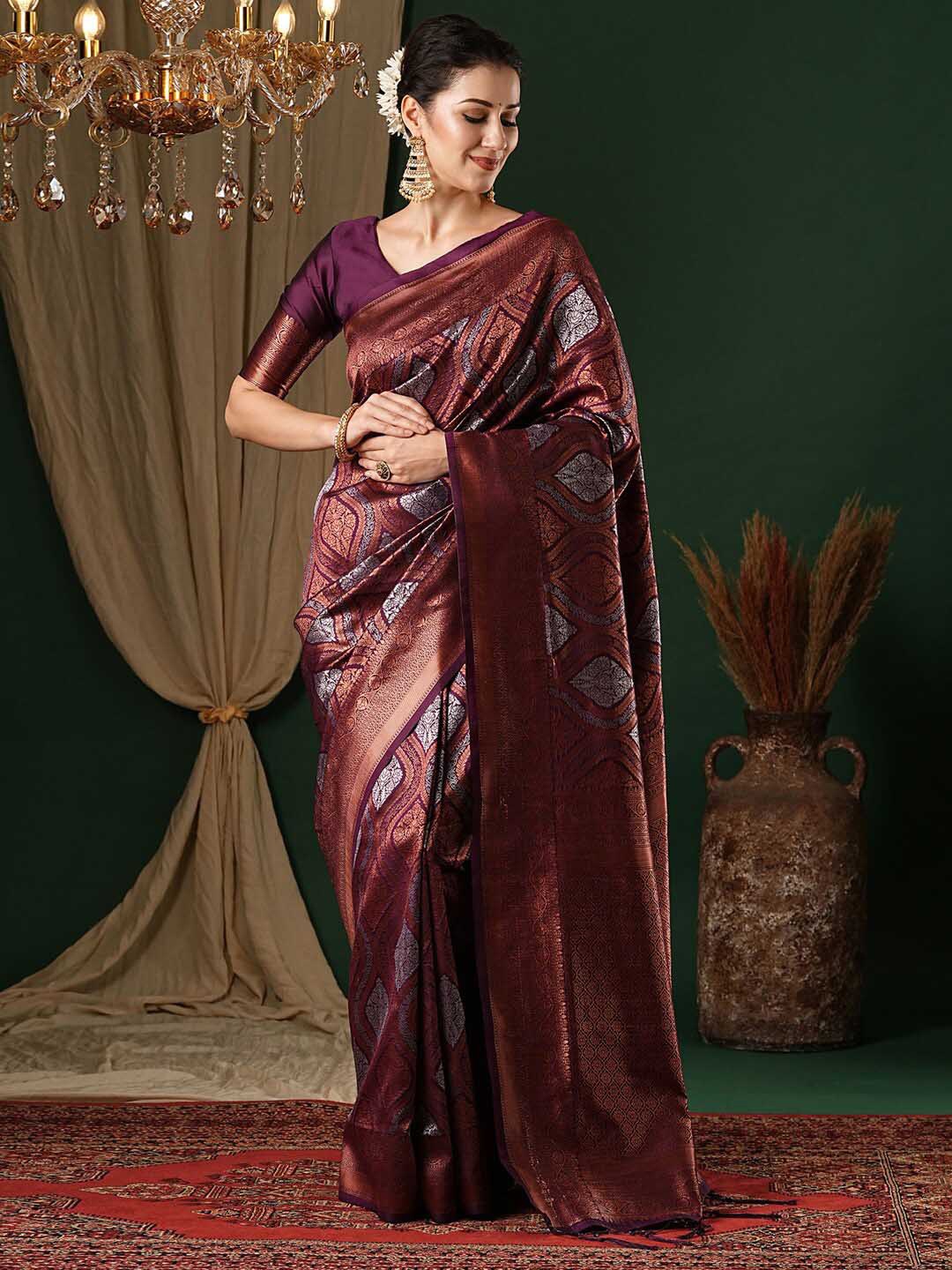 

Anouk Ethnic Motifs Zari Silk Blend Banarasi Saree, Purple