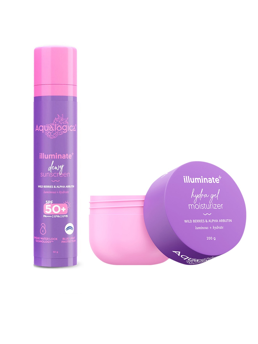 

Aqualogica Set of Illuminate+ Dewy SPF50 Sunscreen - 50 g & Hydra Gel Moisturizer - 200 g, Purple