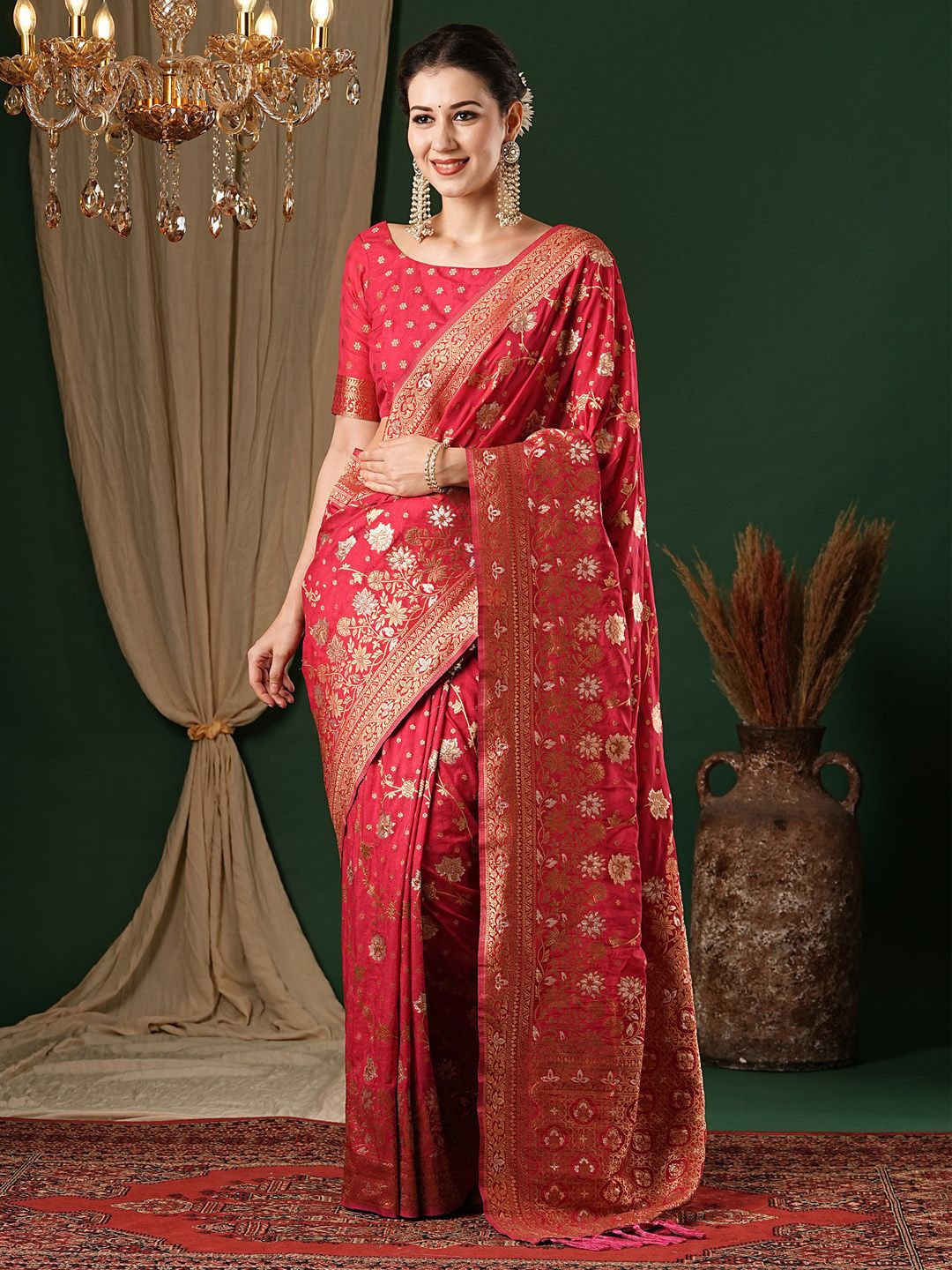 

Anouk Ethnic Motifs Zari Pure Georgette Kanjeevaram Saree, Pink