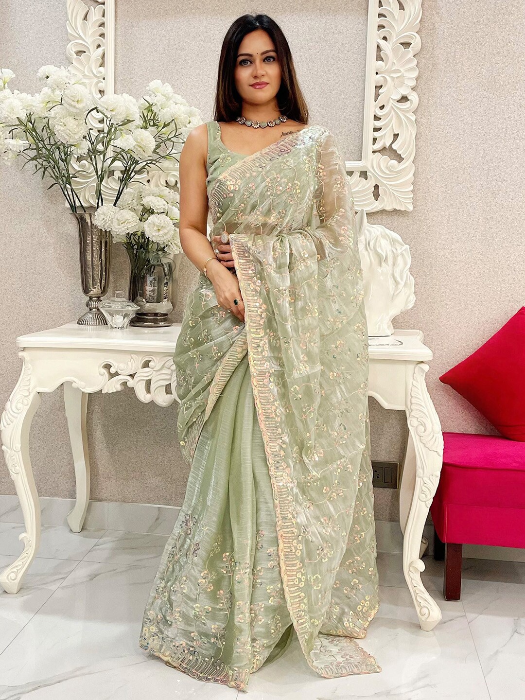 

Anouk Embellished Sequinned Organza Saree, Green