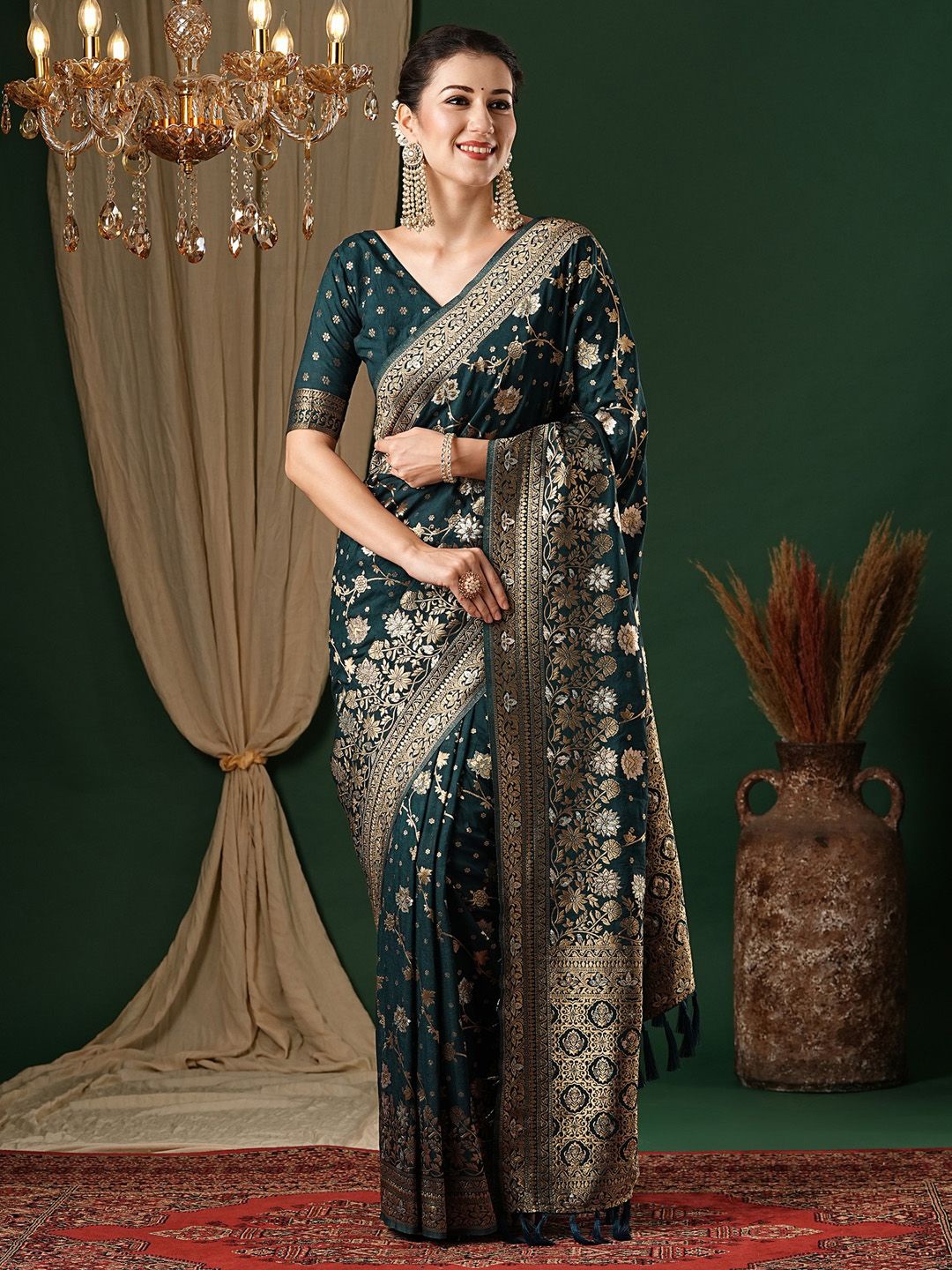 

Anouk Ethnic Motifs Zari Pure Georgette Kanjeevaram Saree, Teal