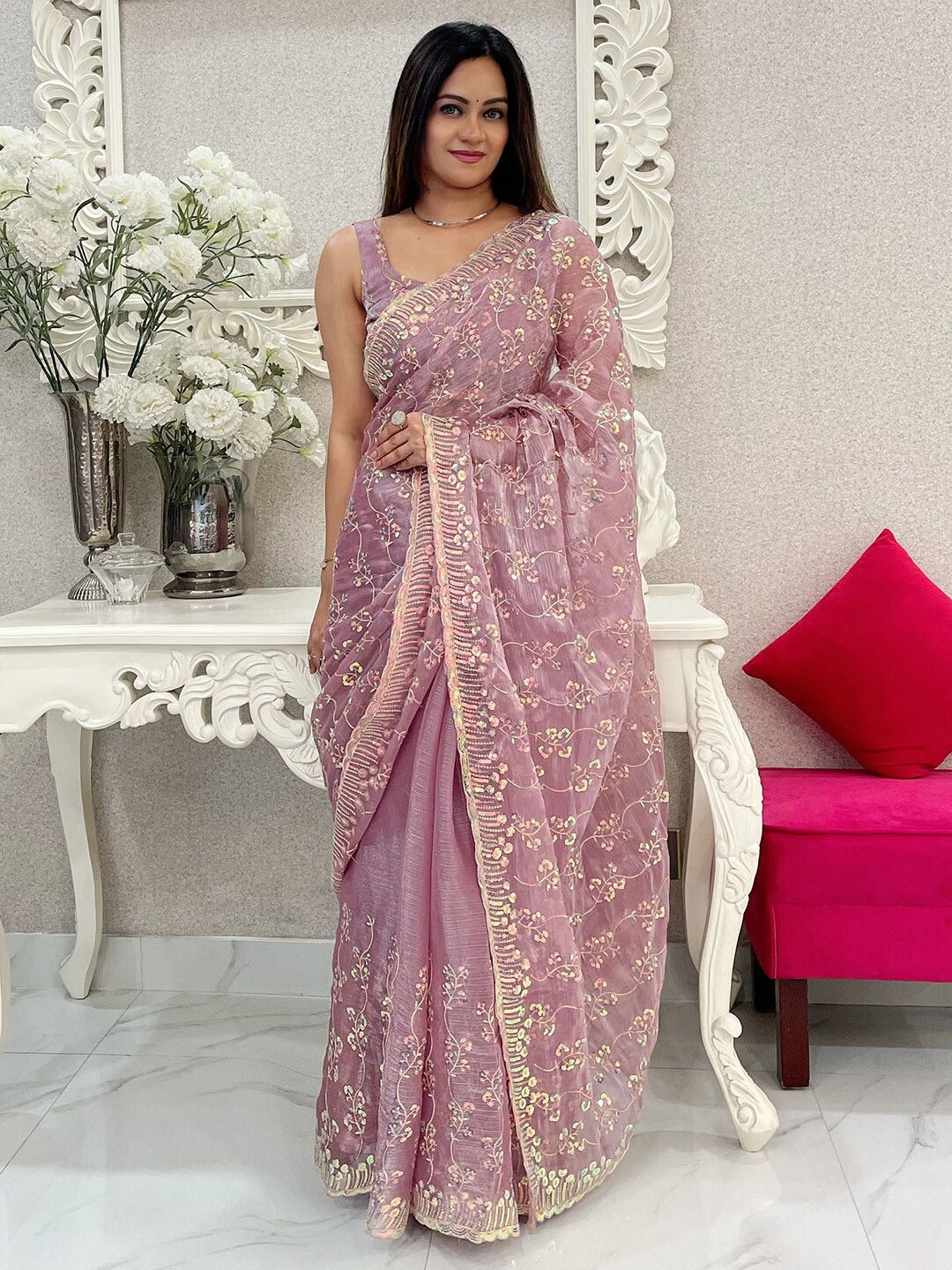 

Anouk Embellished Ethnic Sequinned Organza Saree, Mauve