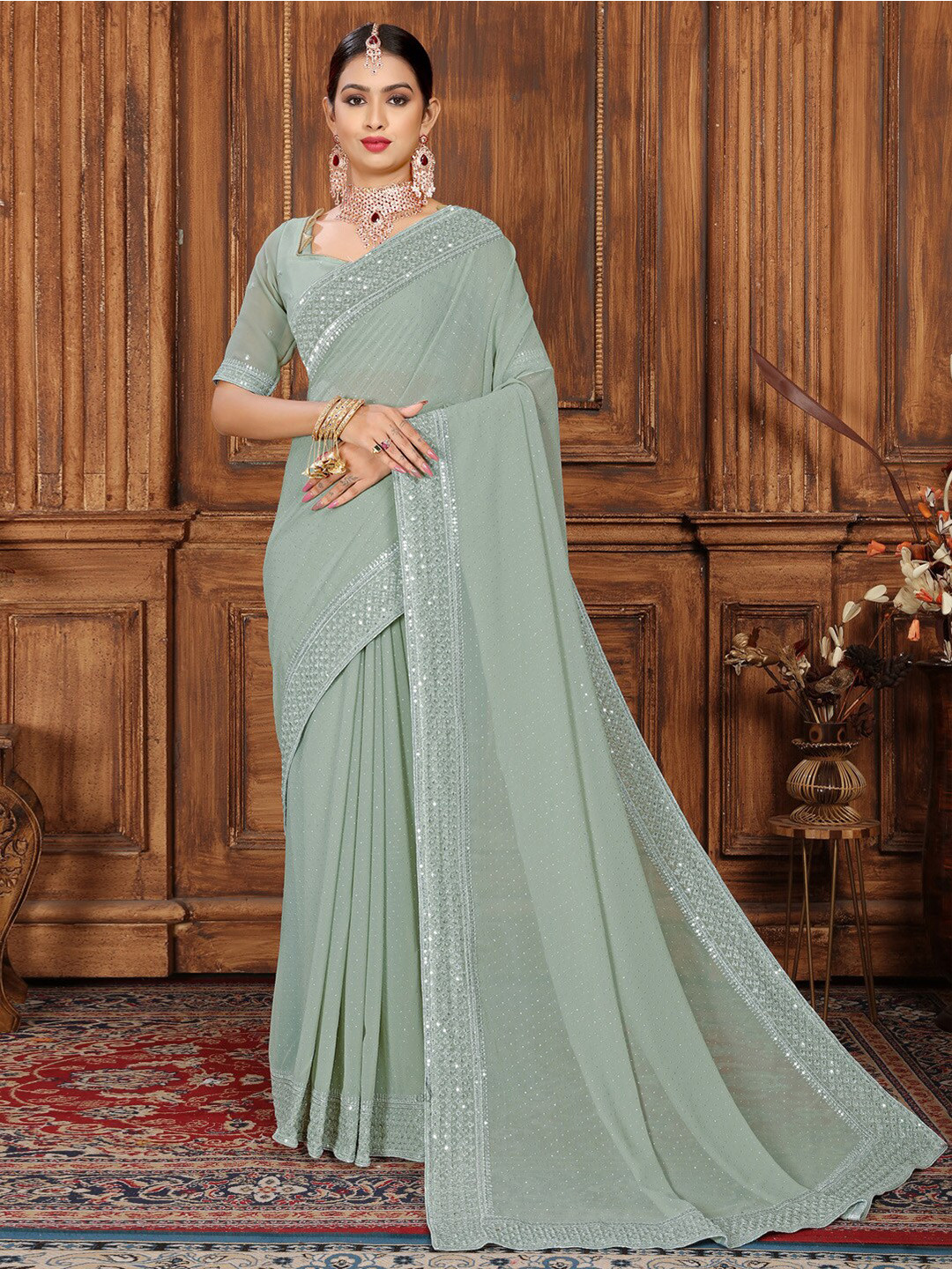 

Anouk Embellished Sequinned Pure Georgette Party Saree, Sea green