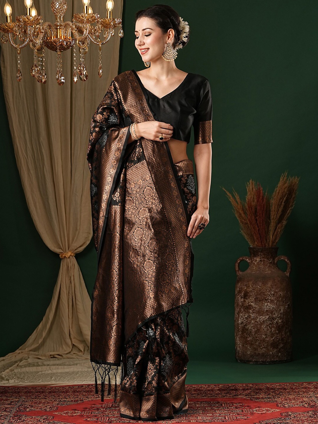 

Anouk Ethnic Motifs Zari Silk Blend Banarasi Saree, Black