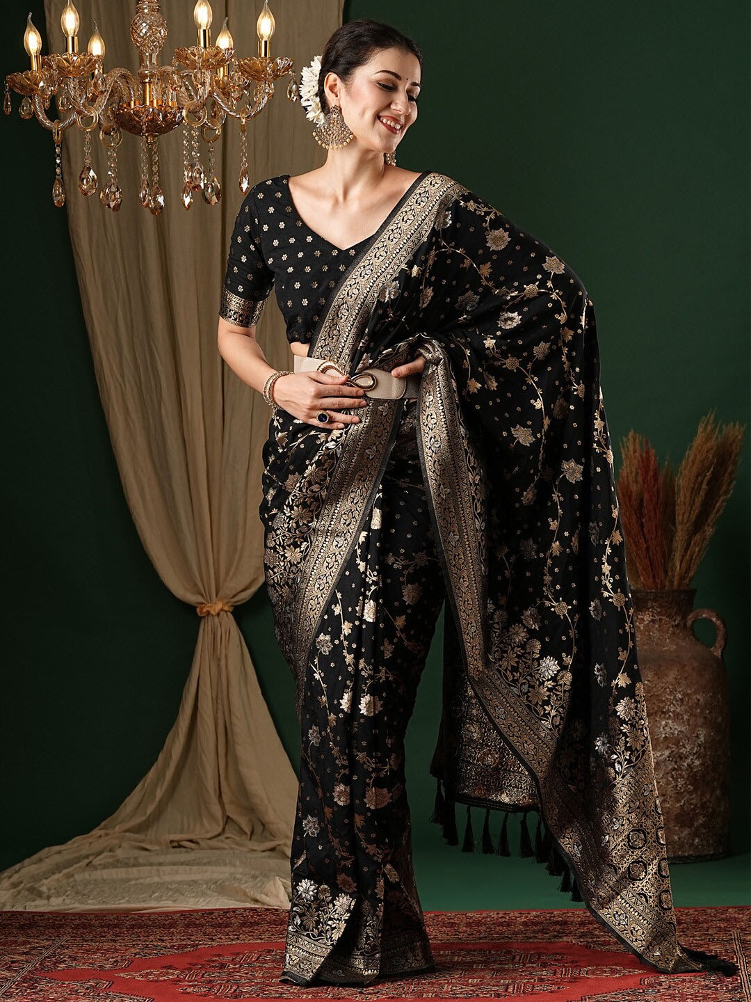 

Anouk Ethnic Motifs Zari Pure Georgette Kanjeevaram Saree, Black