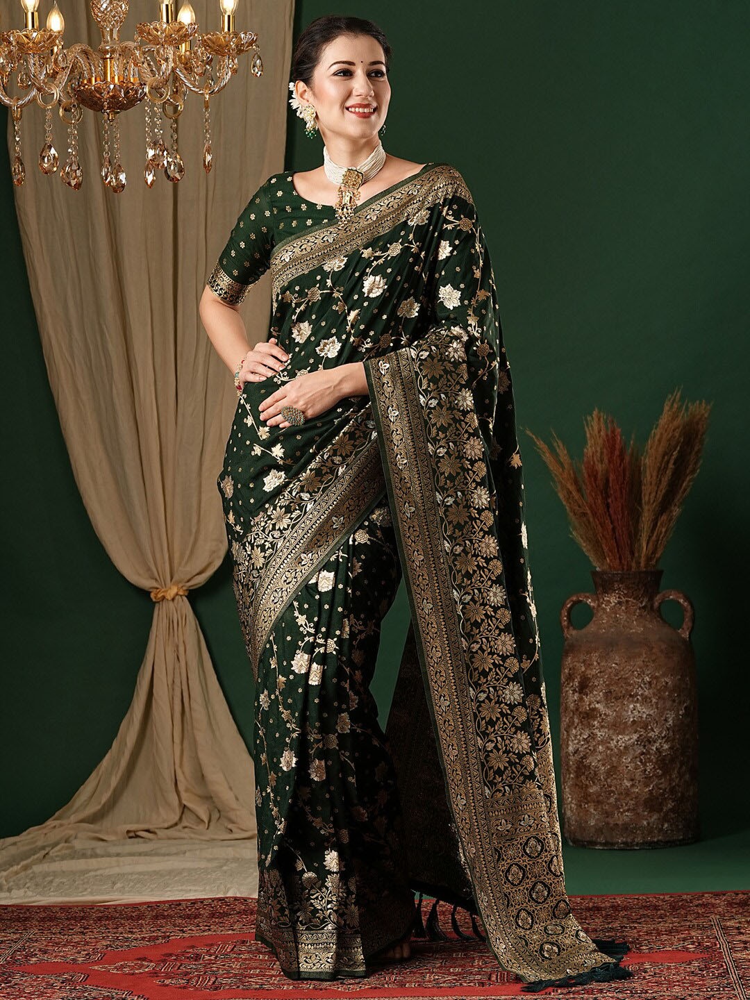 

Anouk Ethnic Motifs Zari Pure Georgette Kanjeevaram Saree, Green