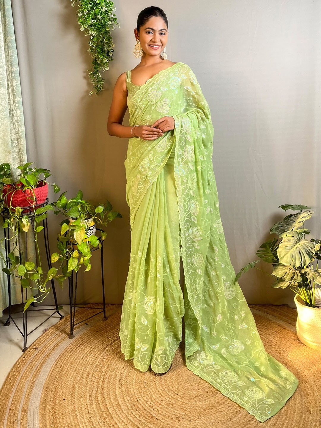 

Mitera Embellished Sequinned Poly Georgette Saree, Green