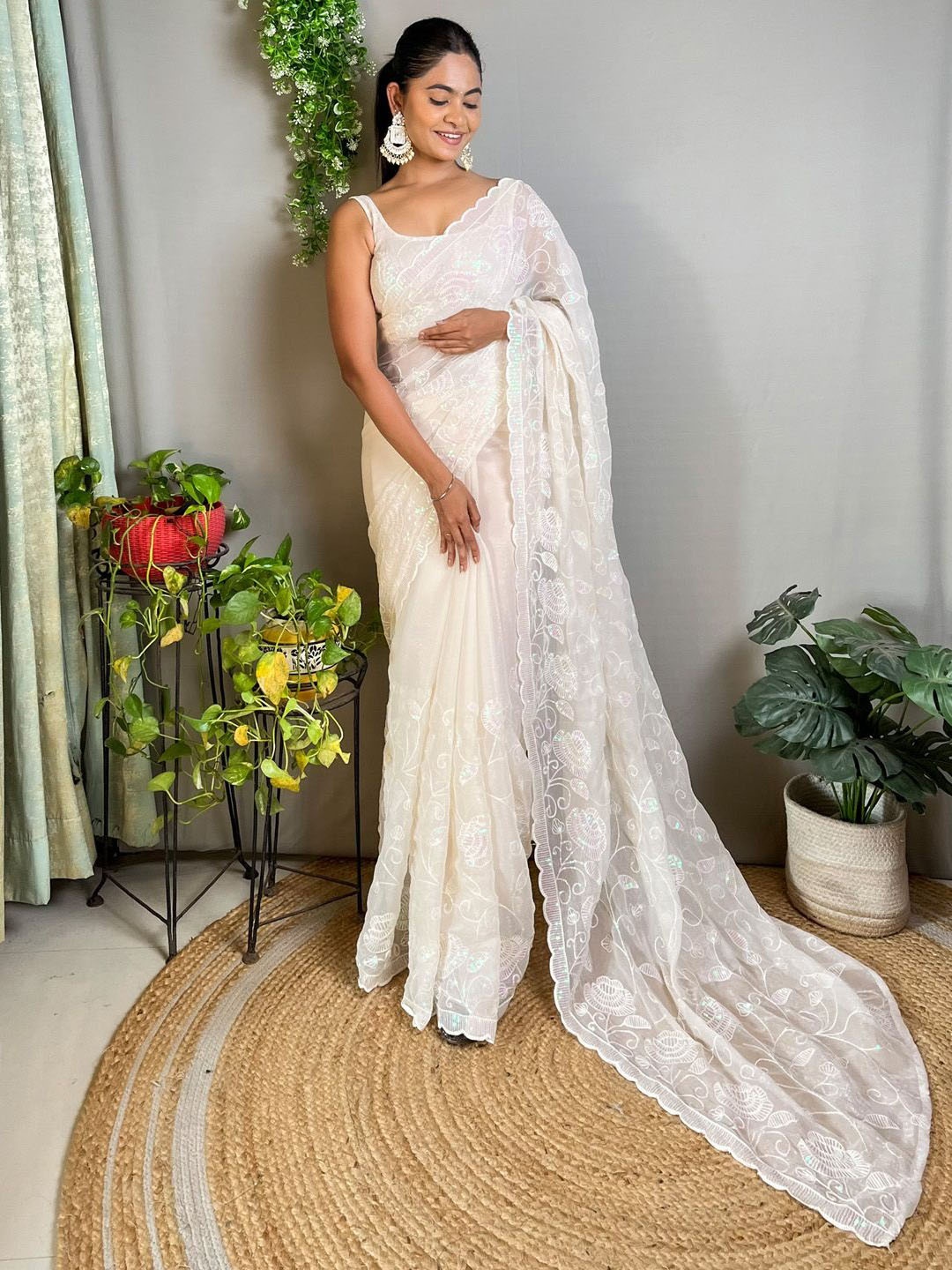 

Mitera Embellished Sequinned Poly Georgette Saree, Off white