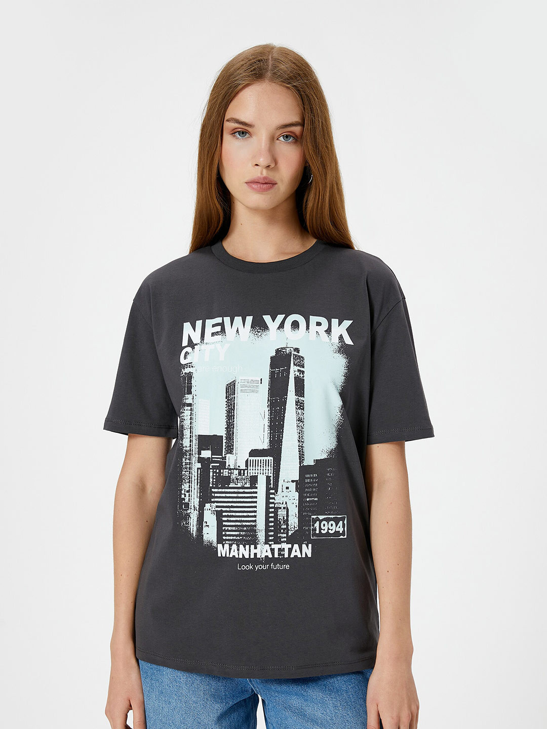 

Koton Women Typography Printed Extended Sleeves T-shirt, Grey