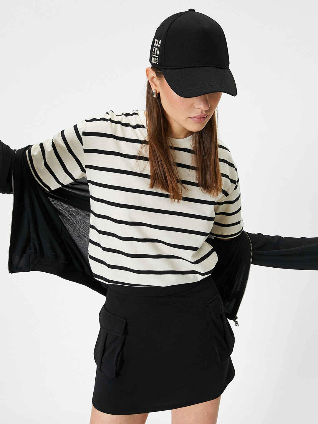 

Koton Women Striped Round Neck T-shirt, Black