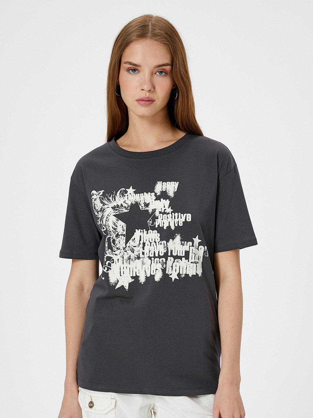 Koton Women Typography Printed Round Neck T-shirt, Black
