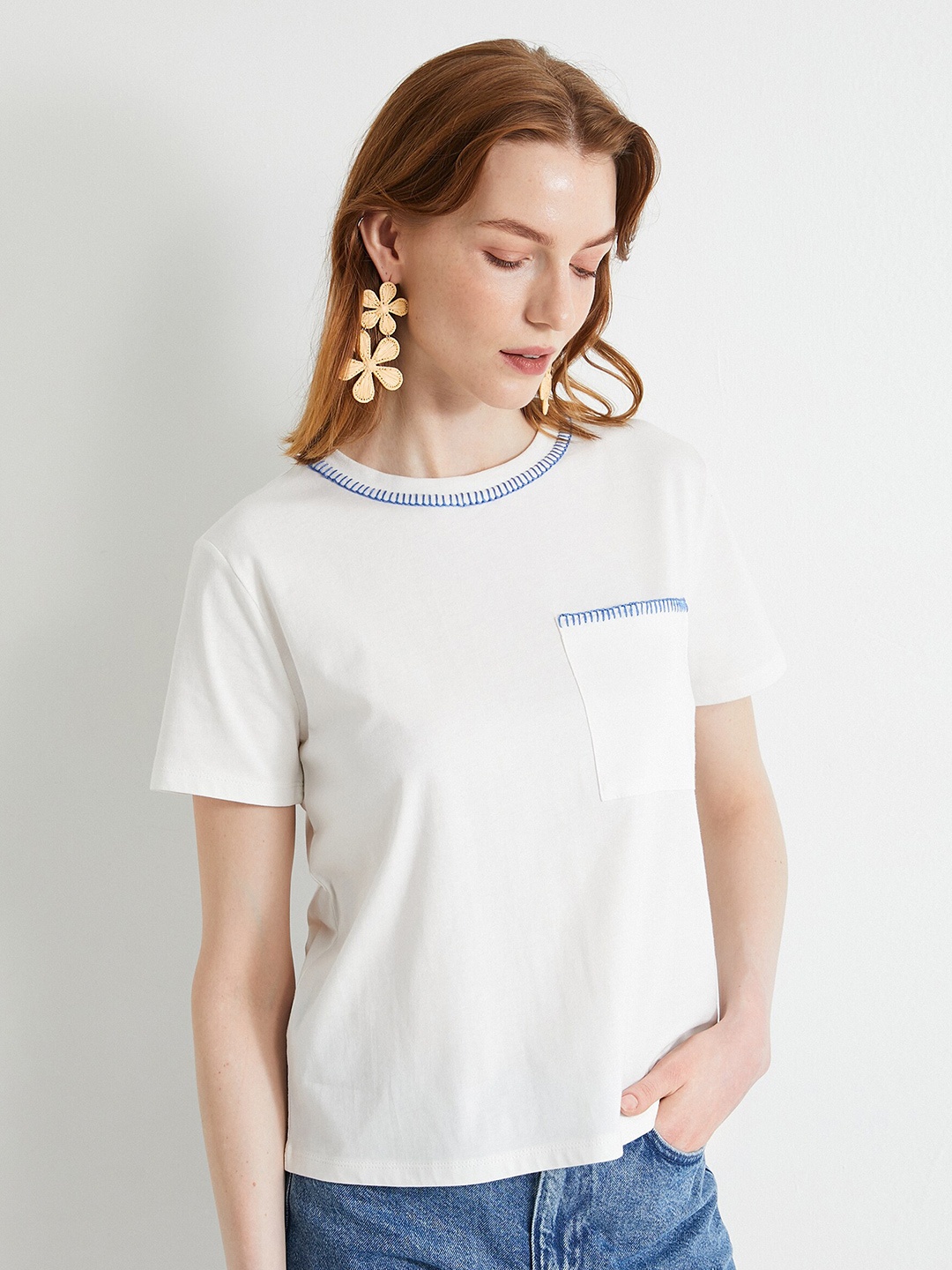 

Koton Women Round Neck Regular Sleeves T-shirt, White