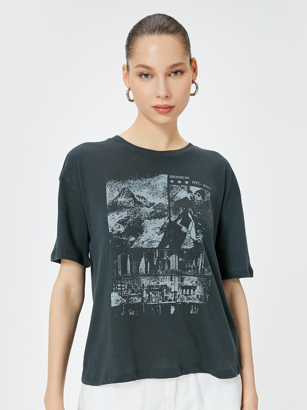 Koton Women Typography Printed T-shirt, Grey
