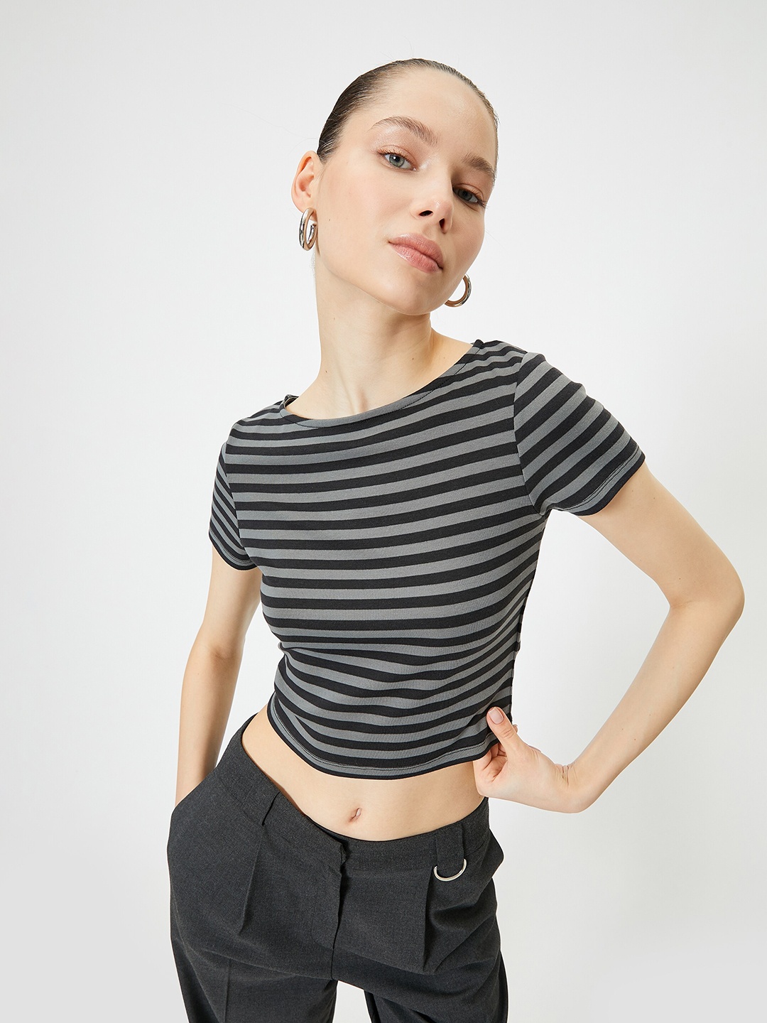 

Koton Women Striped Round Neck T-shirt, Grey