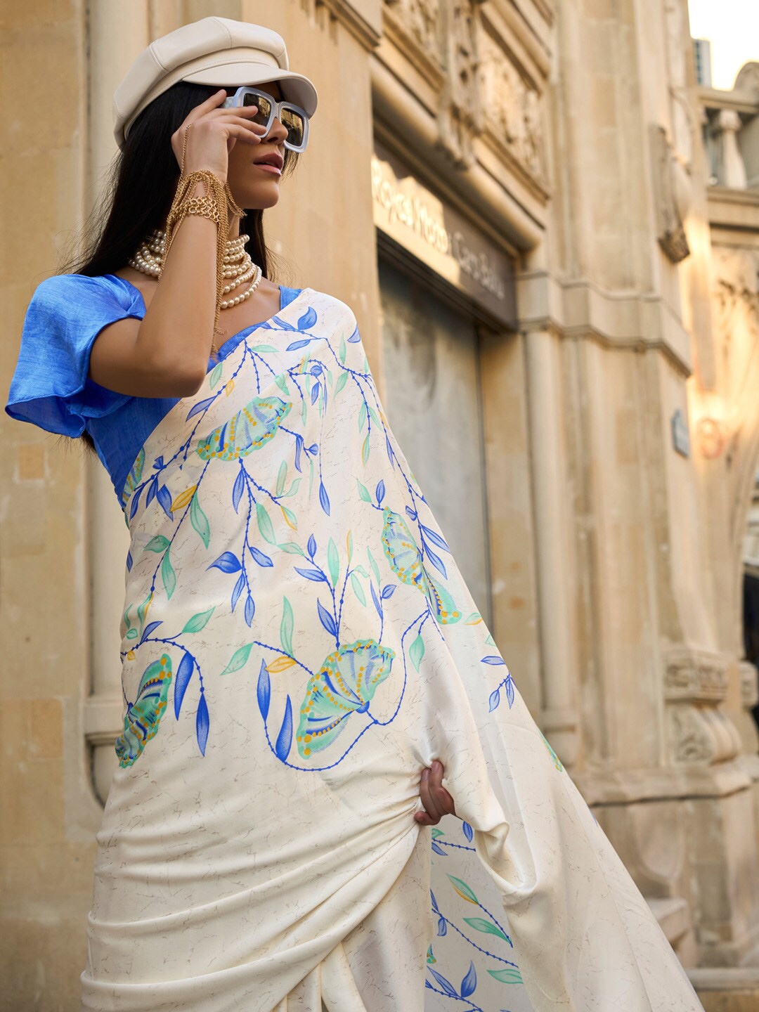 

Sangria Floral Printed Satin Sarees, Cream
