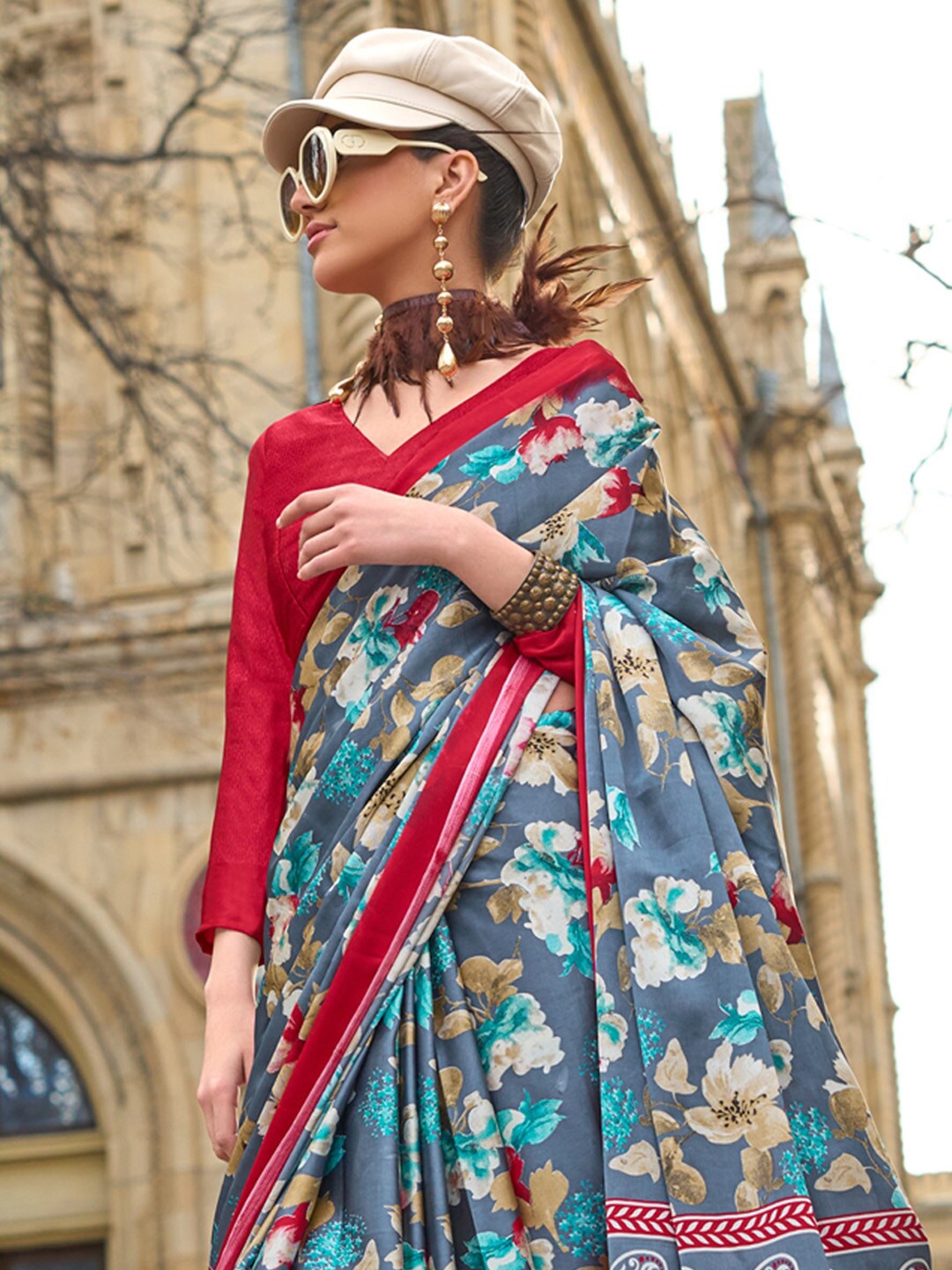 

Sangria Floral-Printed Satin Sarees, Grey
