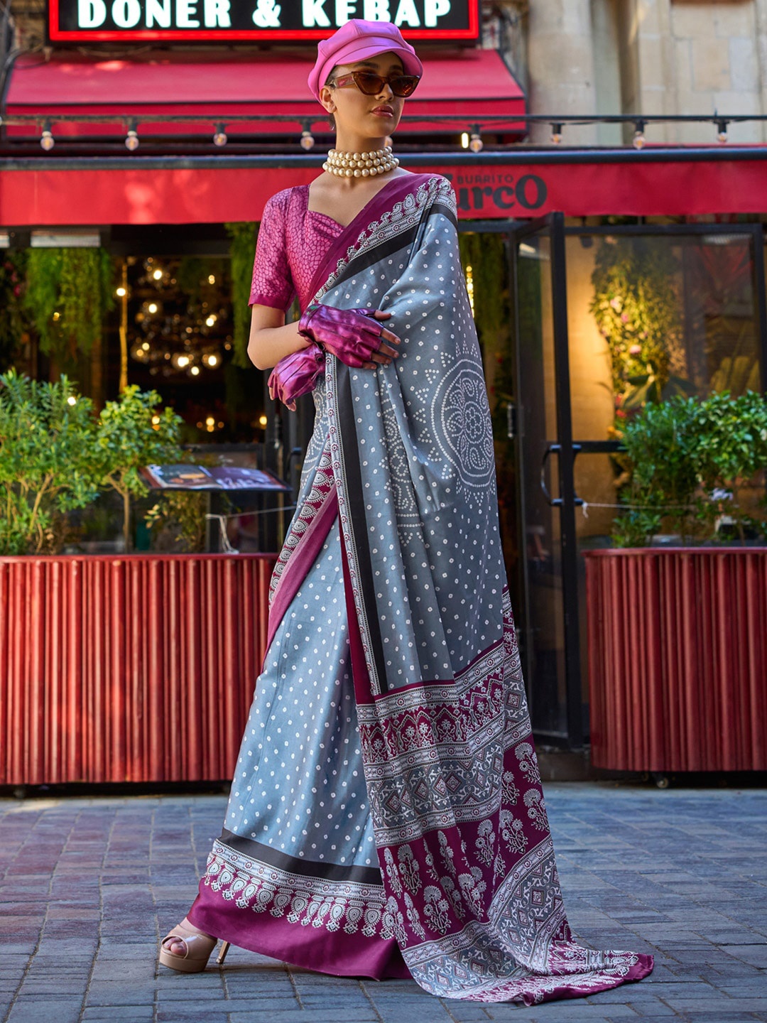 

Sangria Bandhani Printed Satin Sarees, Grey