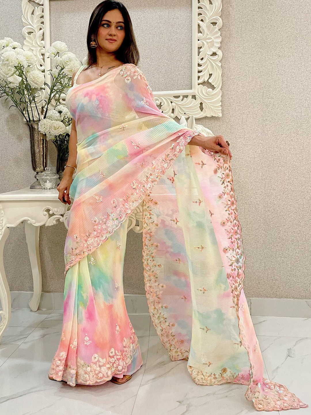 

Saree mall Embellished Sequinned Poly Georgette Sarees, Pink