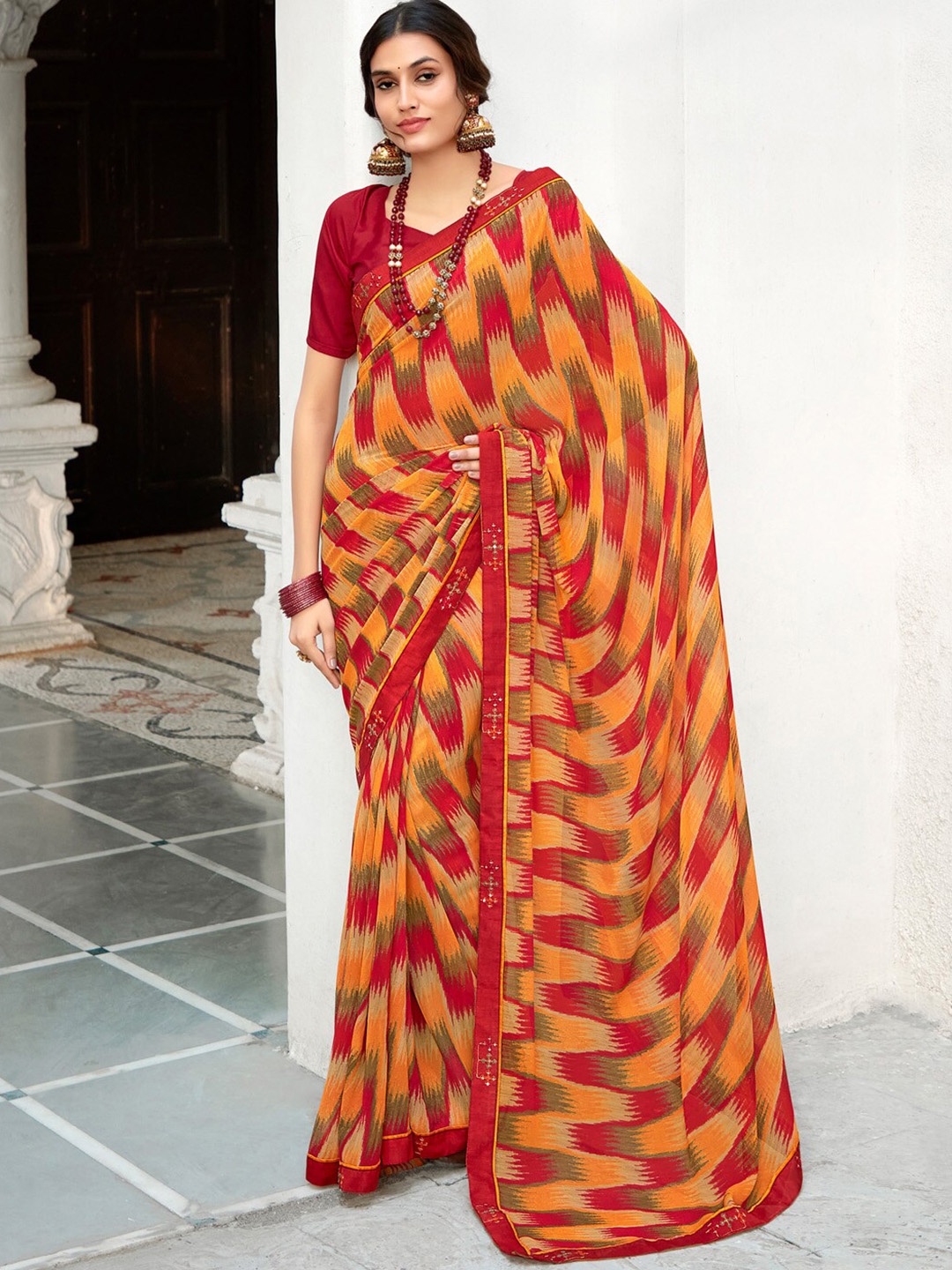 

Saree mall Beads and Stones Poly Georgette Block Print Sarees, Orange