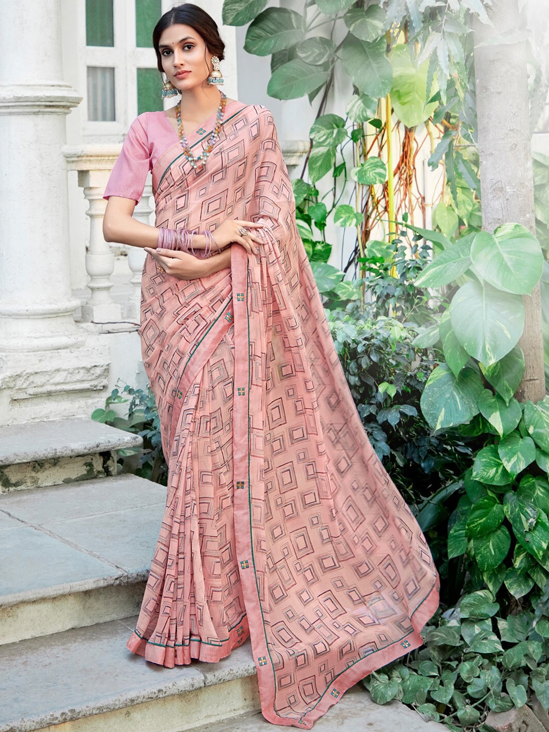

Saree mall Beads and Stones Pure Georgette Block Print Sarees, Pink