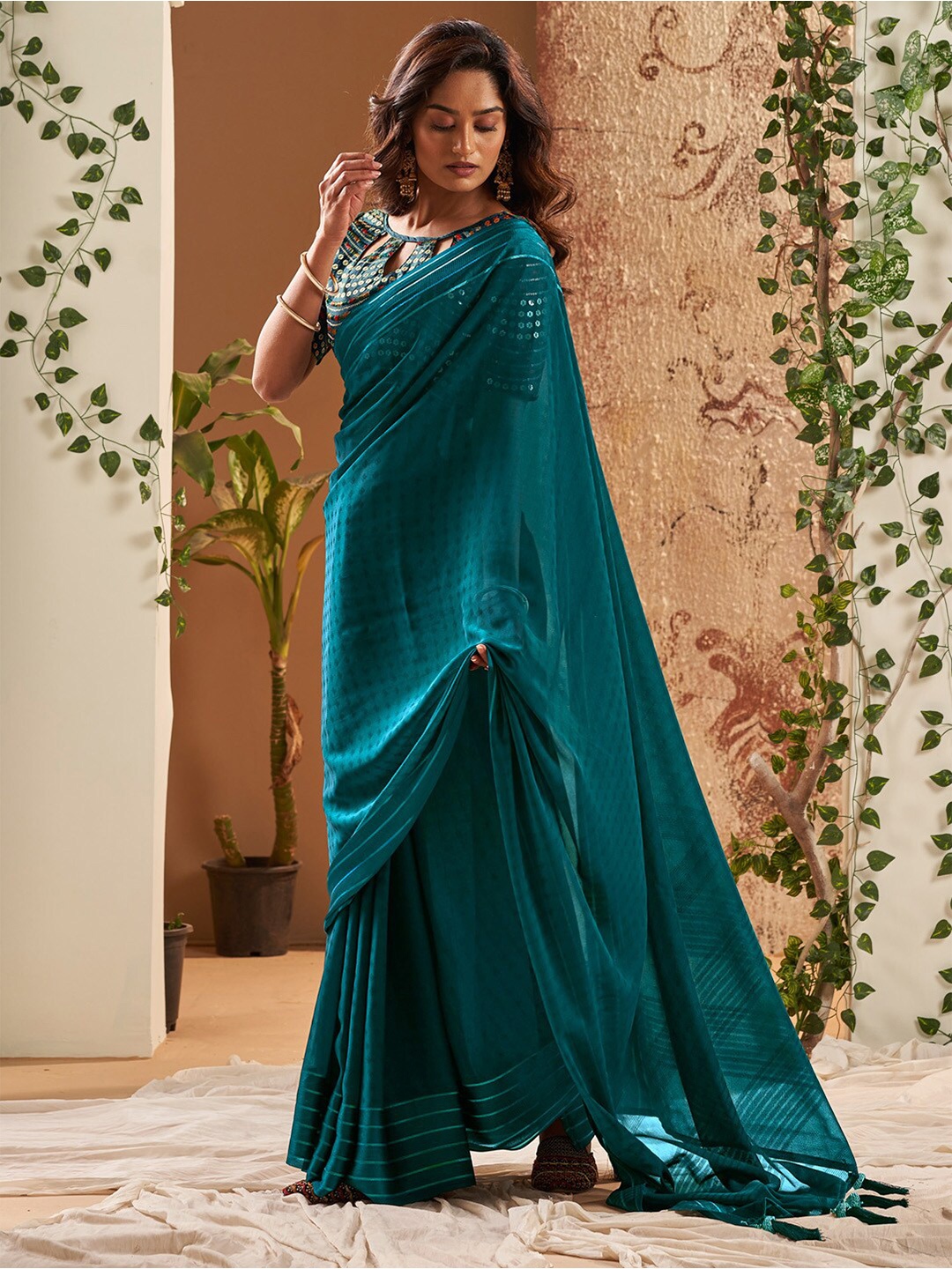 

Saree mall Sequinned Poly Georgette Sarees, Teal