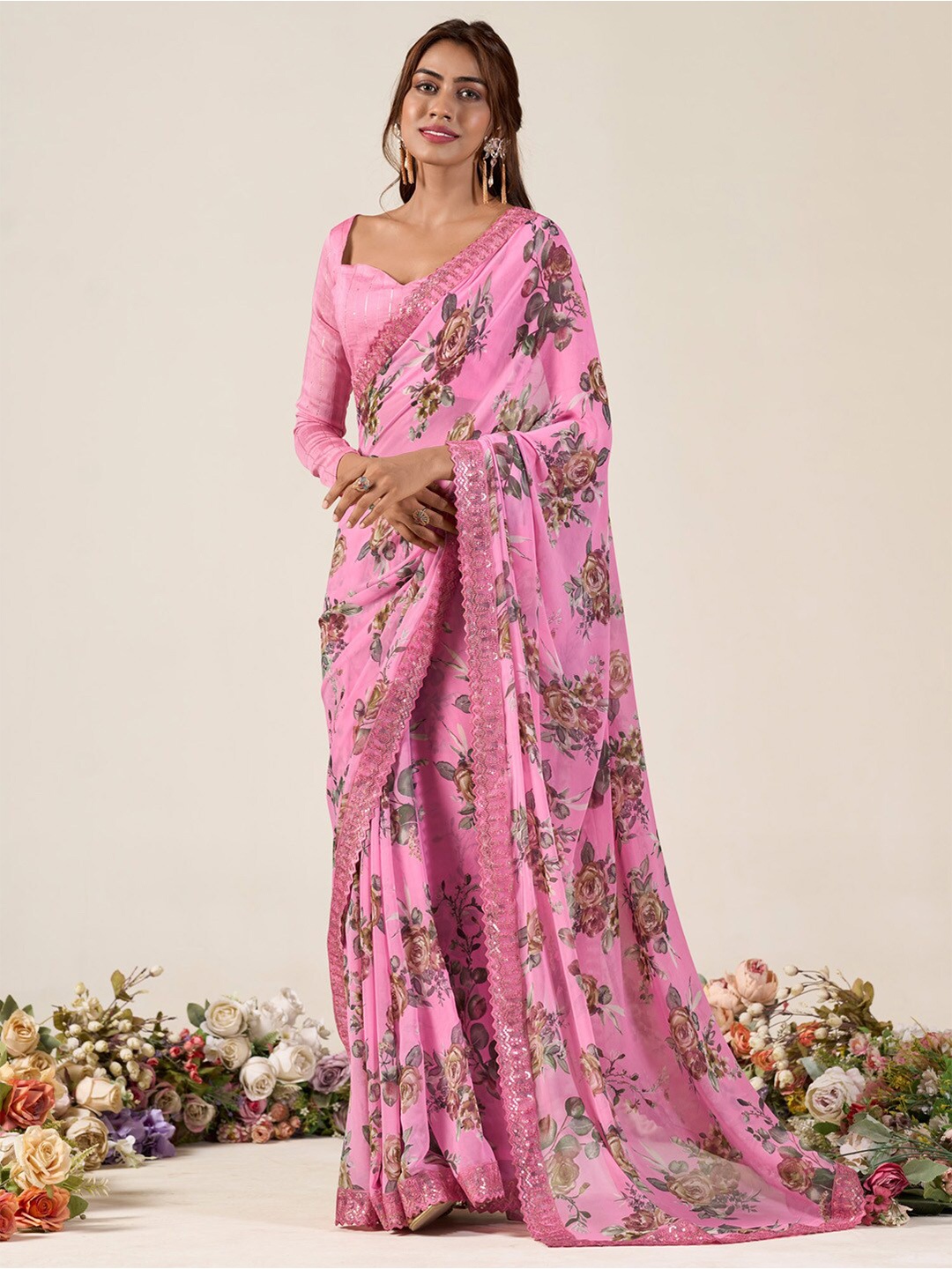 

Saree mall Floral Sequinned Poly Georgette Sarees, Pink