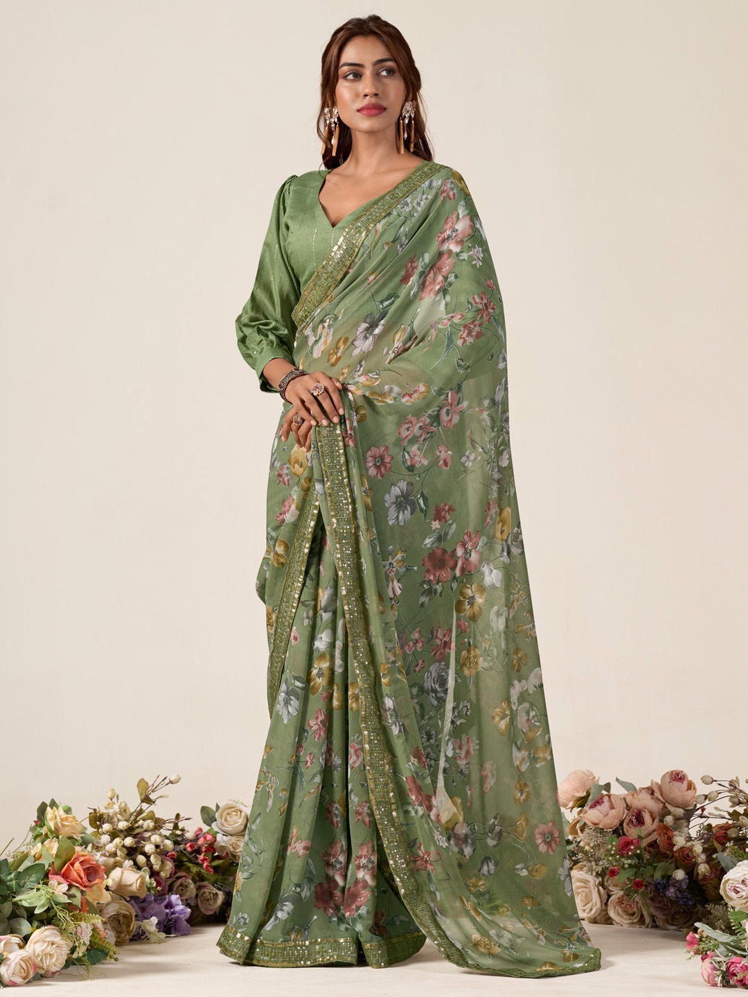 

Saree mall Floral Sequinned Pure Georgette Sarees, Olive