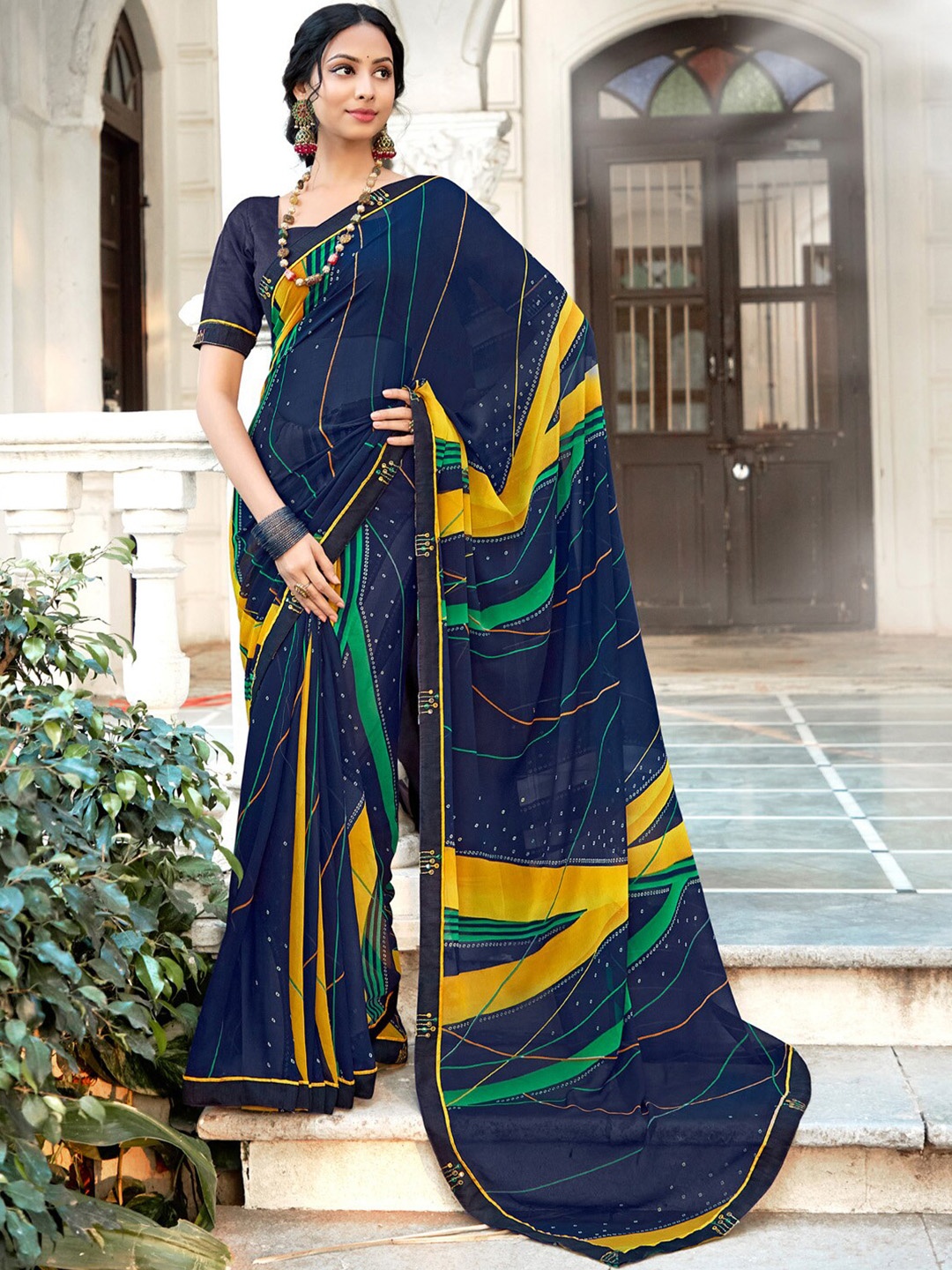 

Saree mall Sequinned Poly Georgette Block Print Sarees, Navy blue