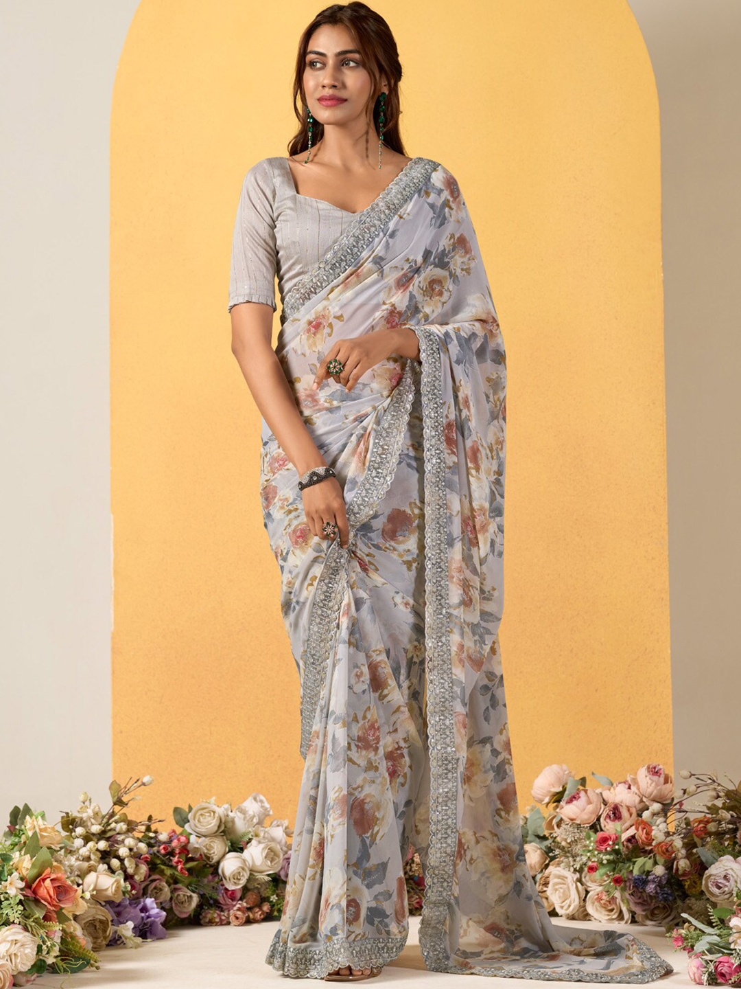 

Saree mall Floral Sequinned Pure Georgette Sarees, Grey