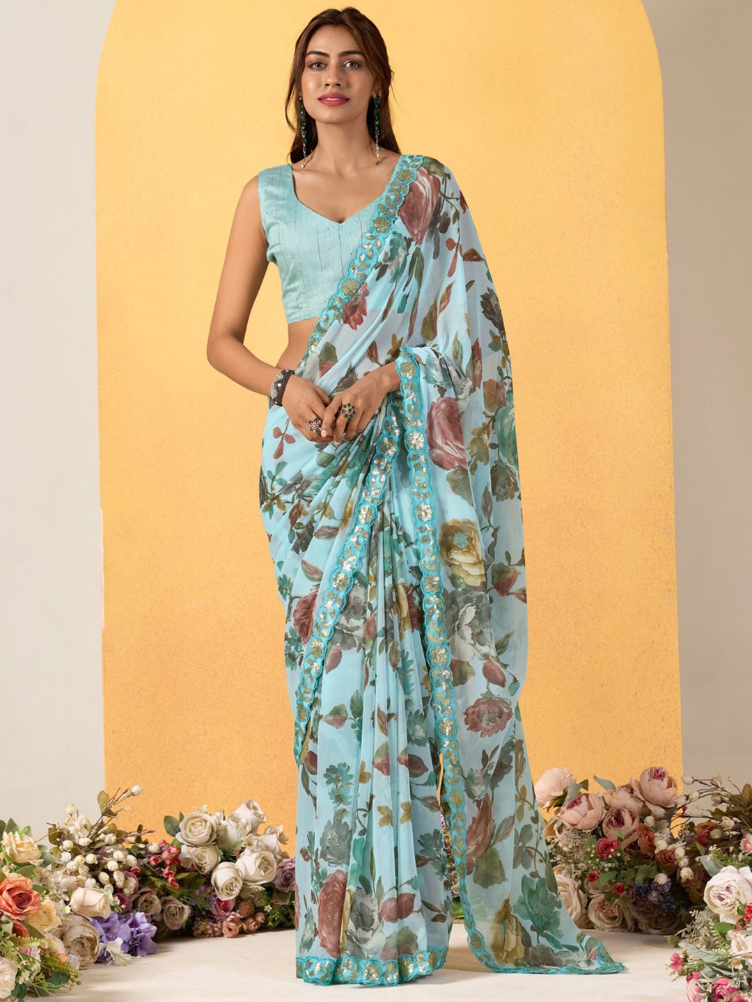 

Saree mall Floral Sequinned Pure Georgette Sarees, Blue