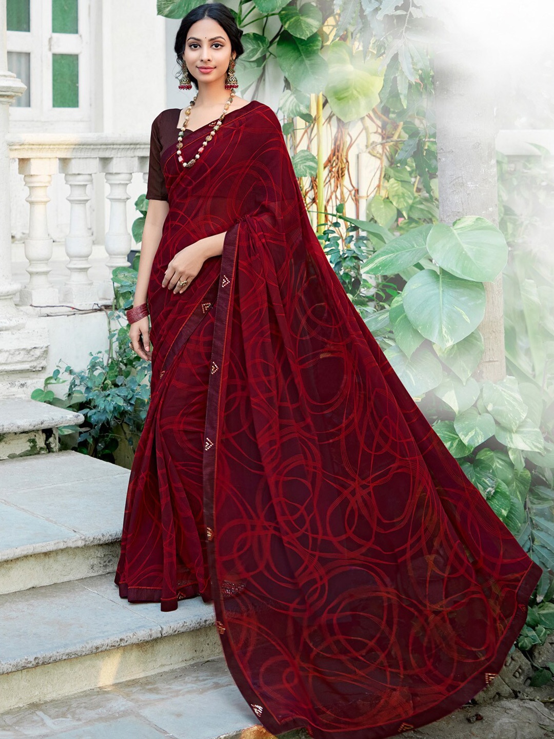 

Saree mall Sequinned Poly Georgette Block Print Sarees, Maroon