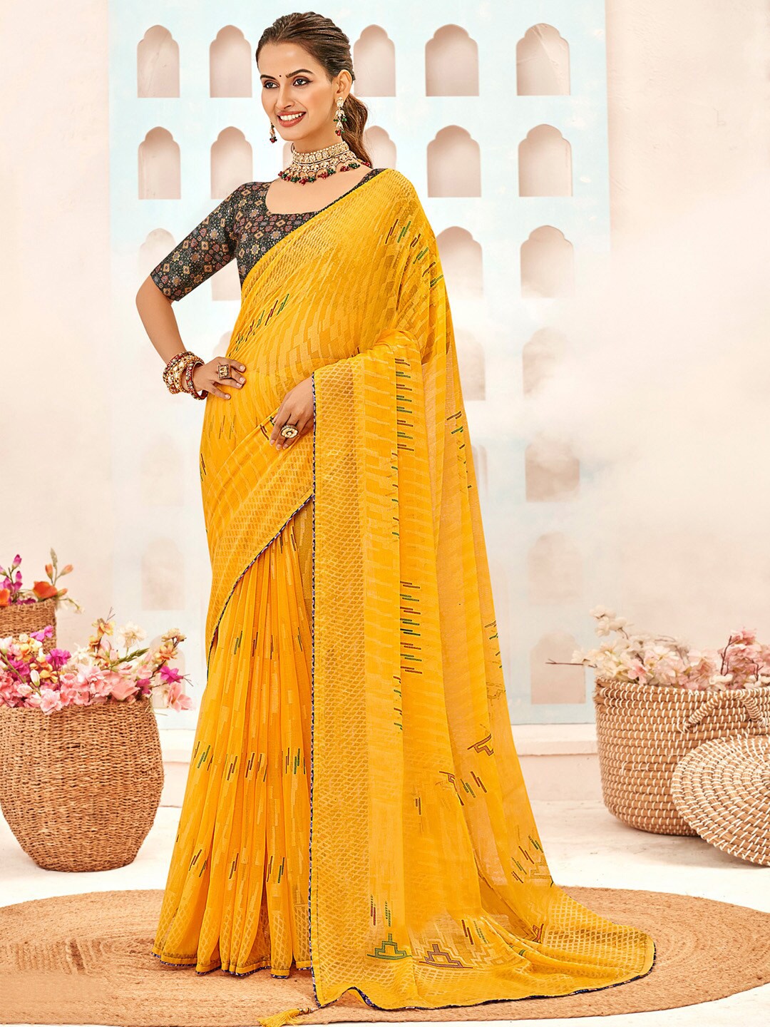 

Saree mall Geometric Brasso Sarees, Yellow