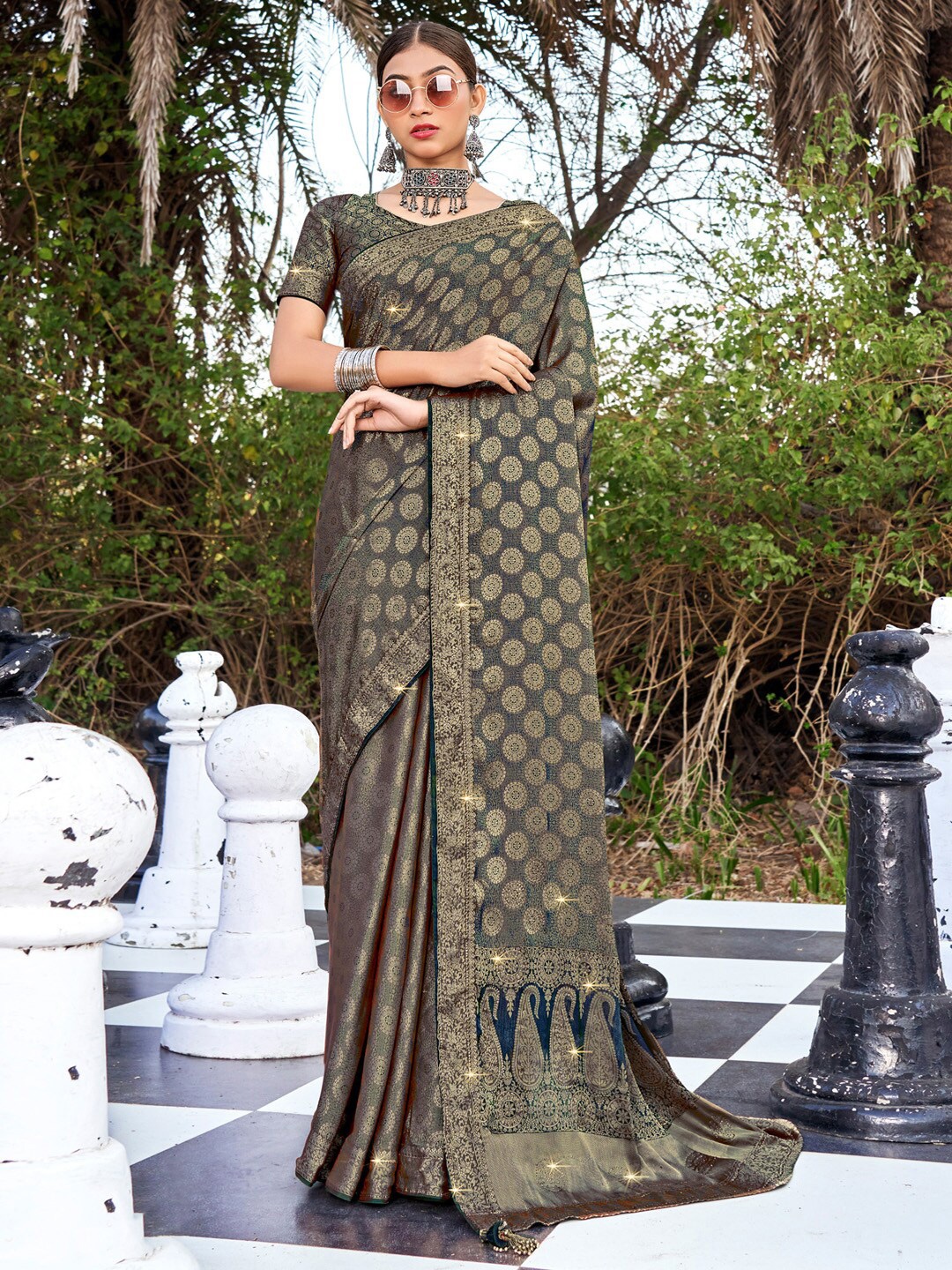 

Saree mall Ethnic Motifs Zari Pure Silk Sarees, Navy blue