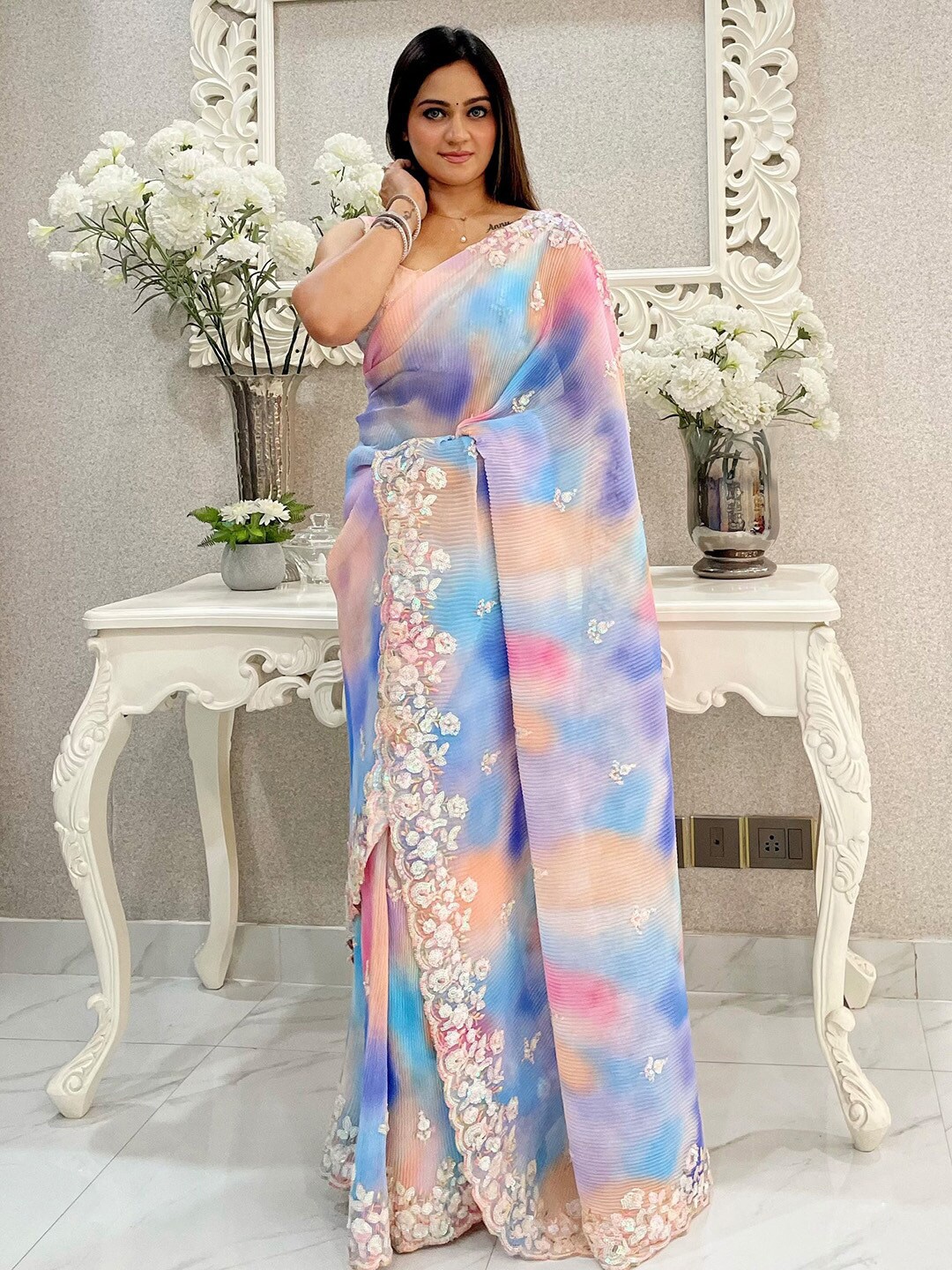 

Saree mall Tie and Dye Sequinned Poly Georgette Sarees, Blue